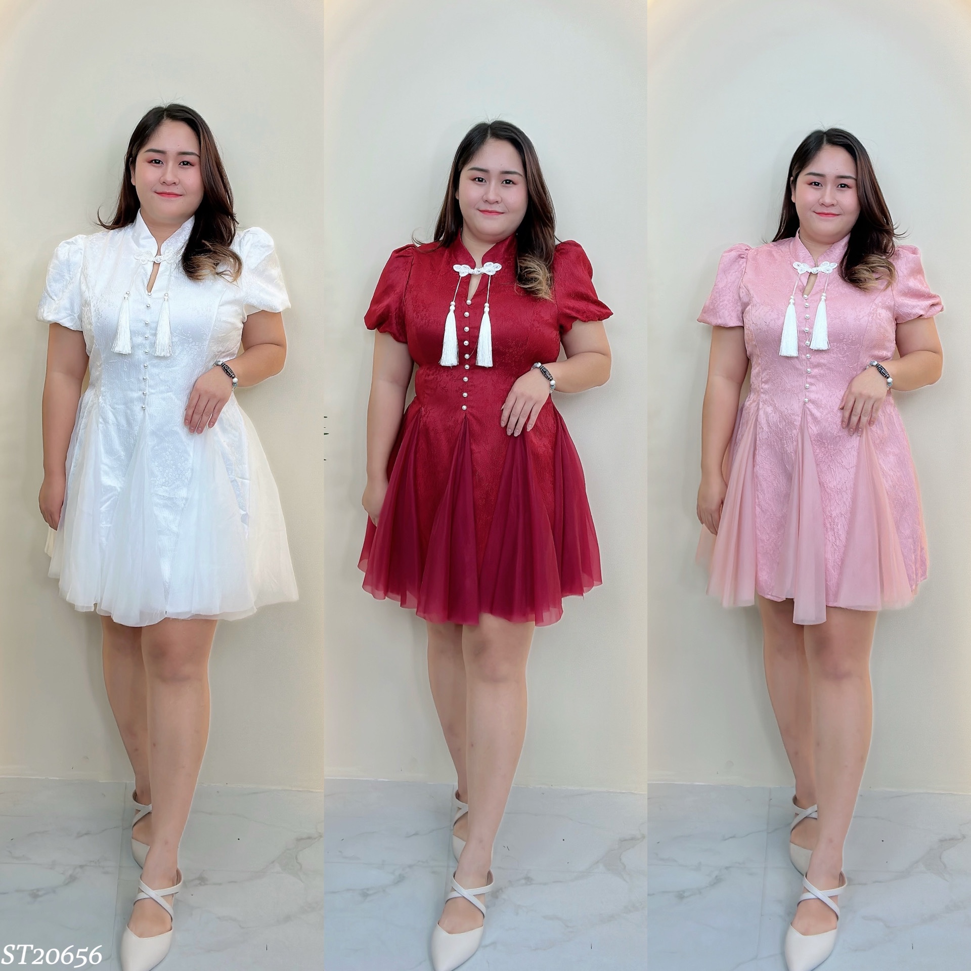 【LBP独家】精致流苏盘扣设计泡泡袖旗袍（ST20656）