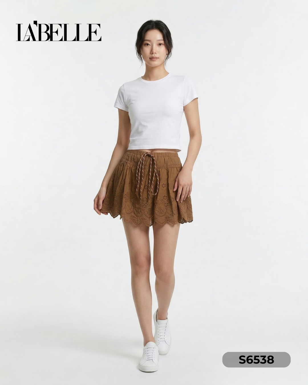 甜美镂空刺绣系带设计高腰短裙 (S6538)