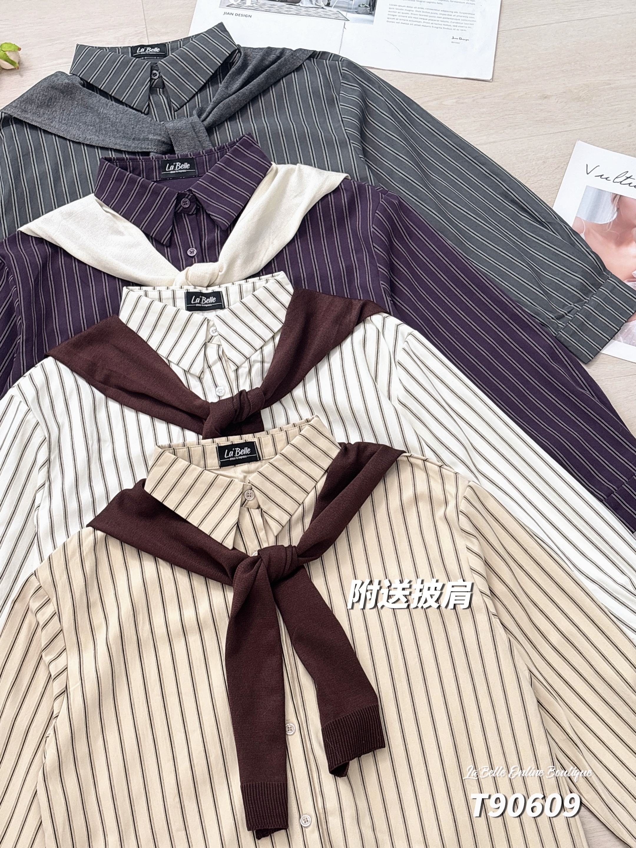 韩系条纹披肩设计长袖上衣 (T90609)