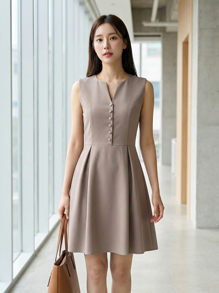 【LBP独家】高端V领假纽扣设计无袖连身裙  (ST21565)