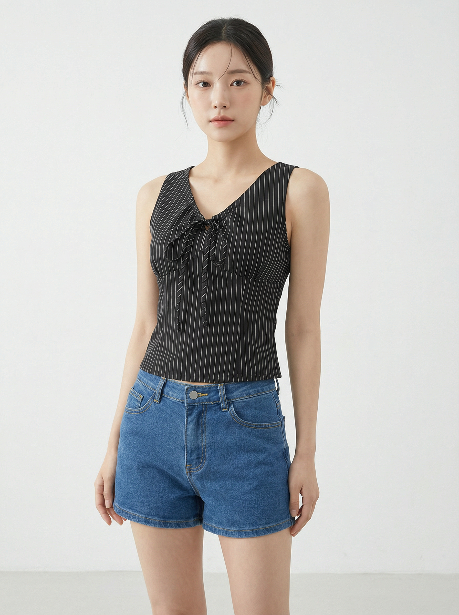 御姐气质V领抽绳设计条纹上衣 (T90684)