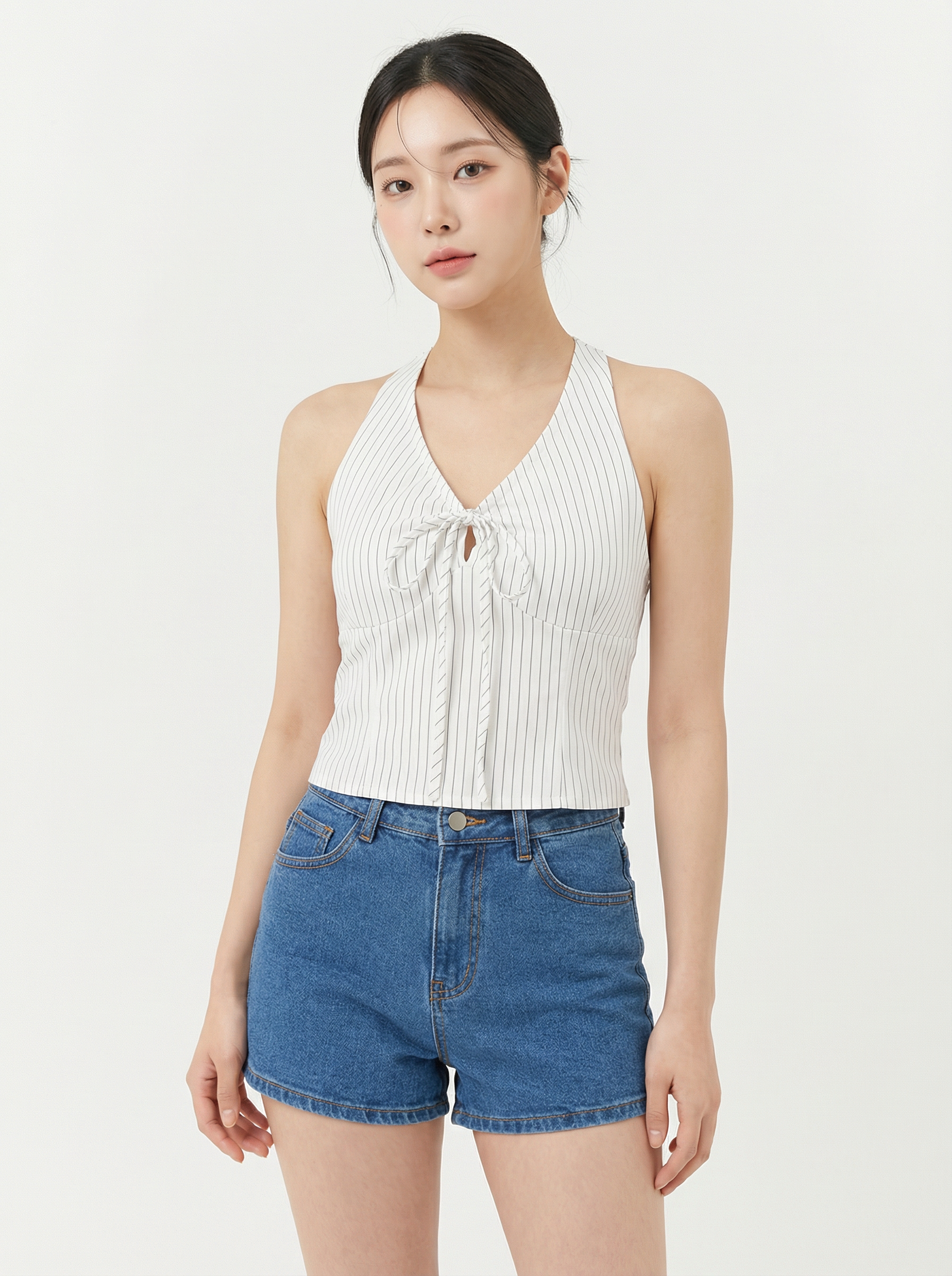 御姐气质V领抽绳设计条纹上衣 (T90684)