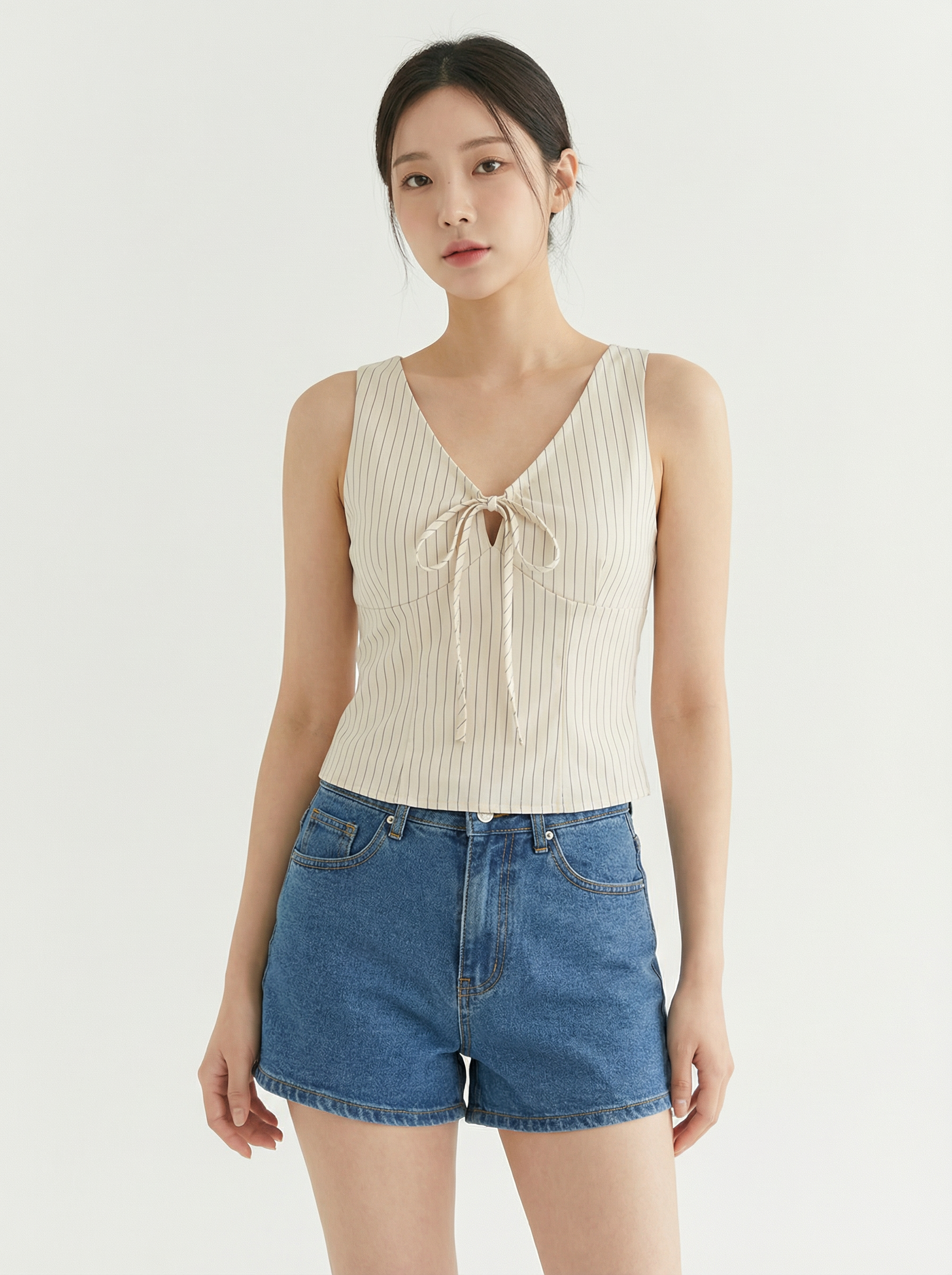 御姐气质V领抽绳设计条纹上衣 (T90684)