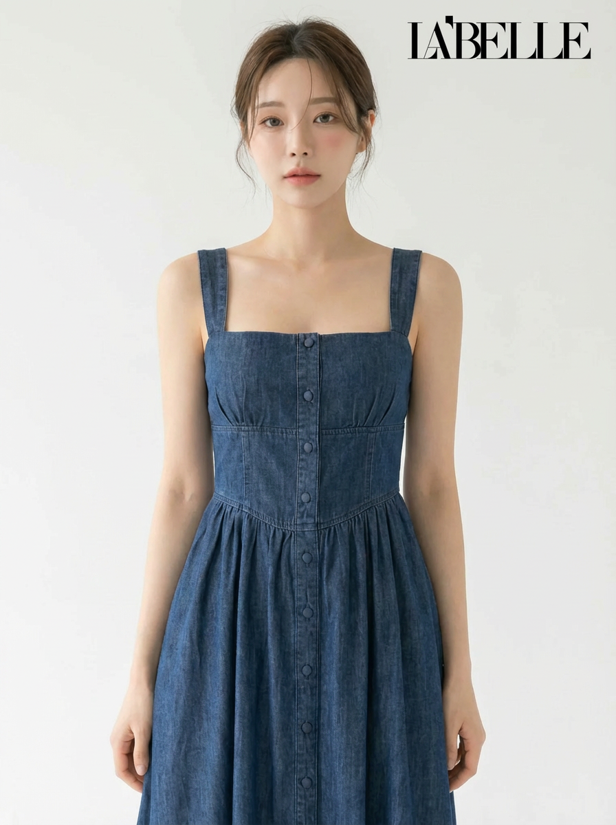 韩系排扣束腰吊带连身裙 (ST21606)