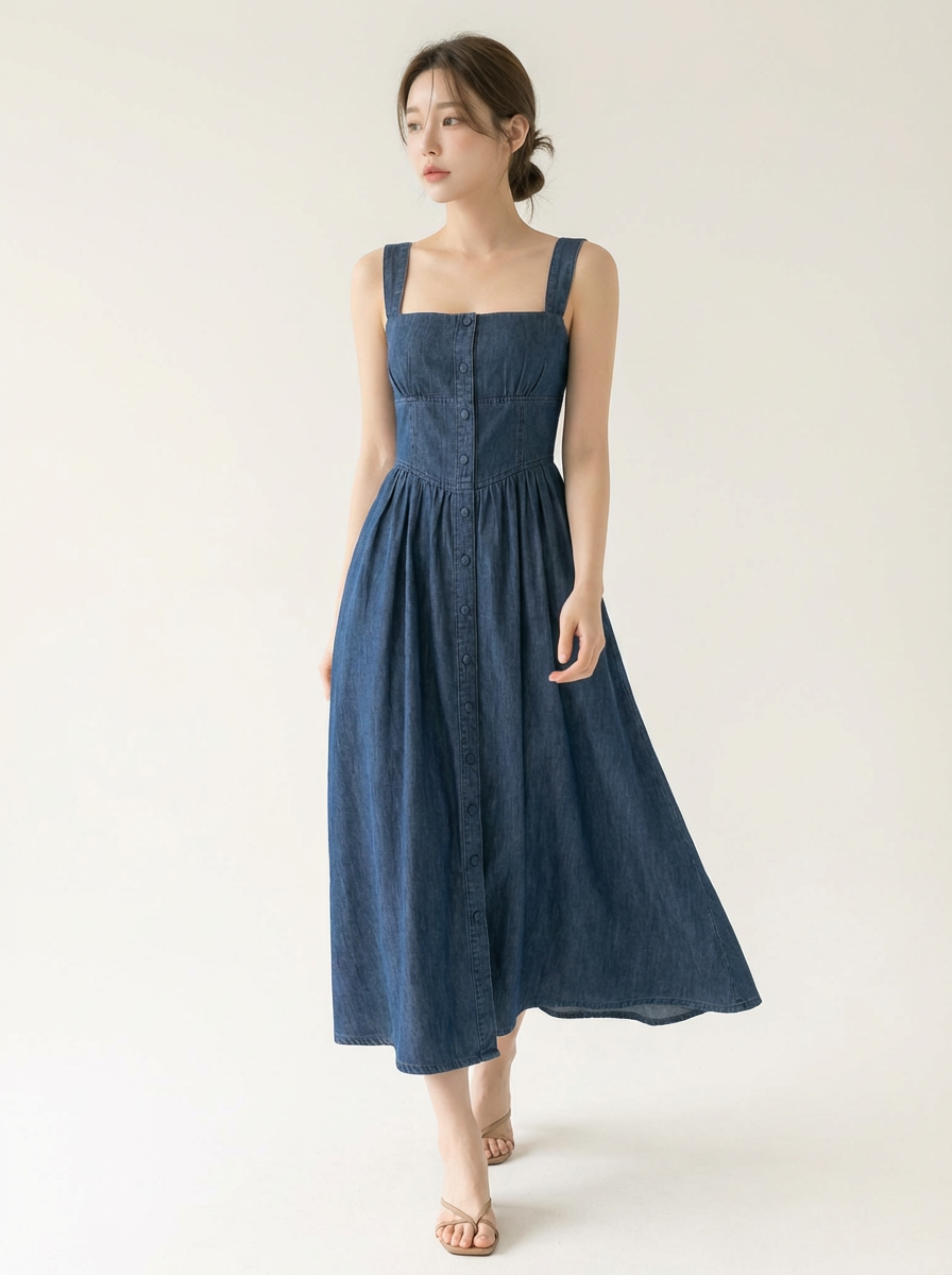 韩系排扣束腰吊带连身裙 (ST21606)