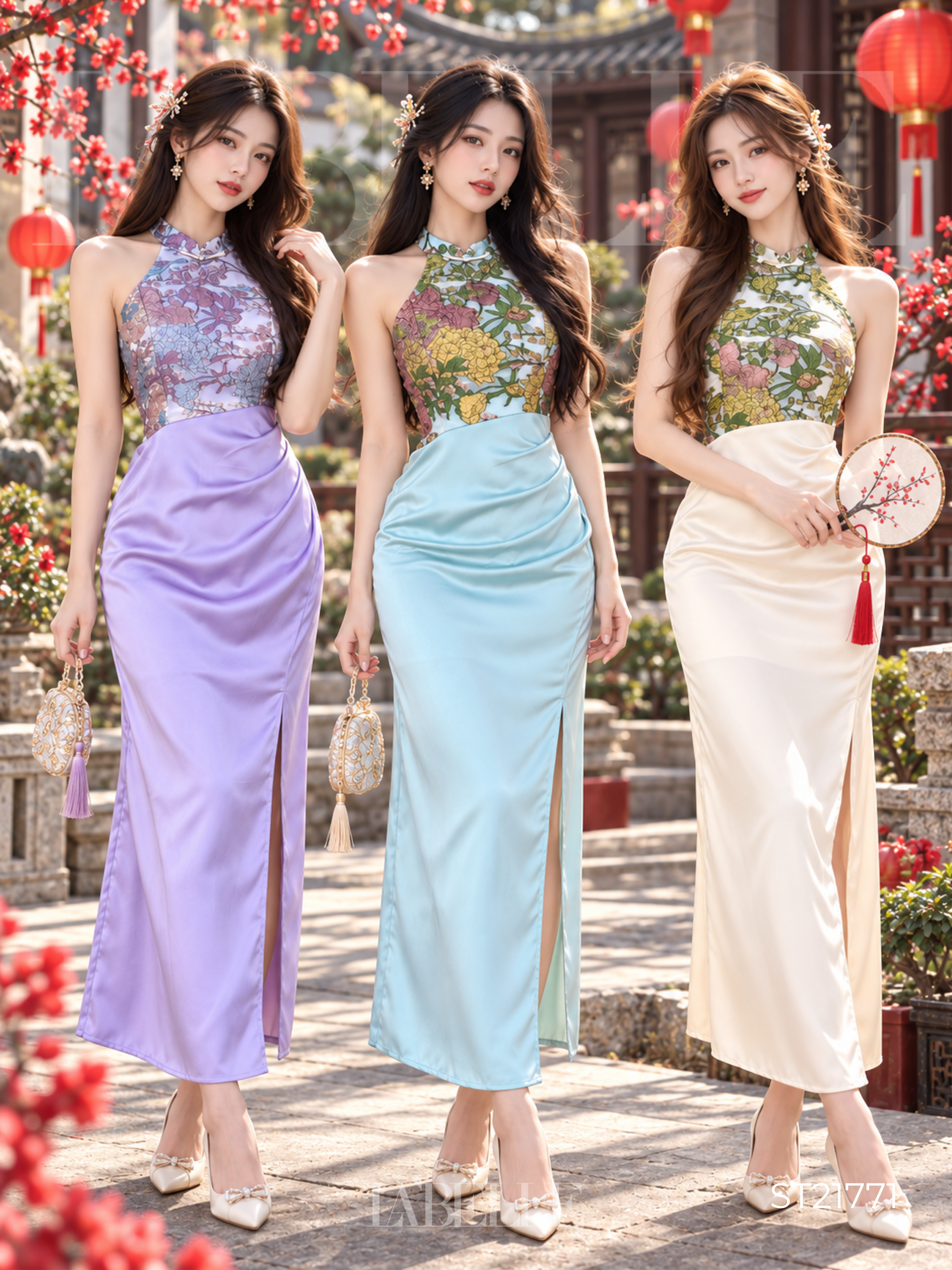 东方花韵立领削肩修身长旗袍 (ST21771)