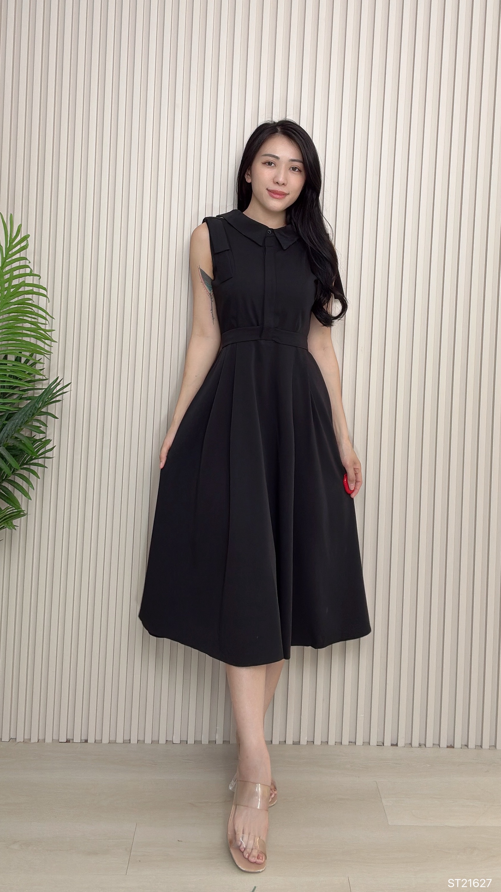 气质A字裙摆系带设计连身裙 (ST21627)