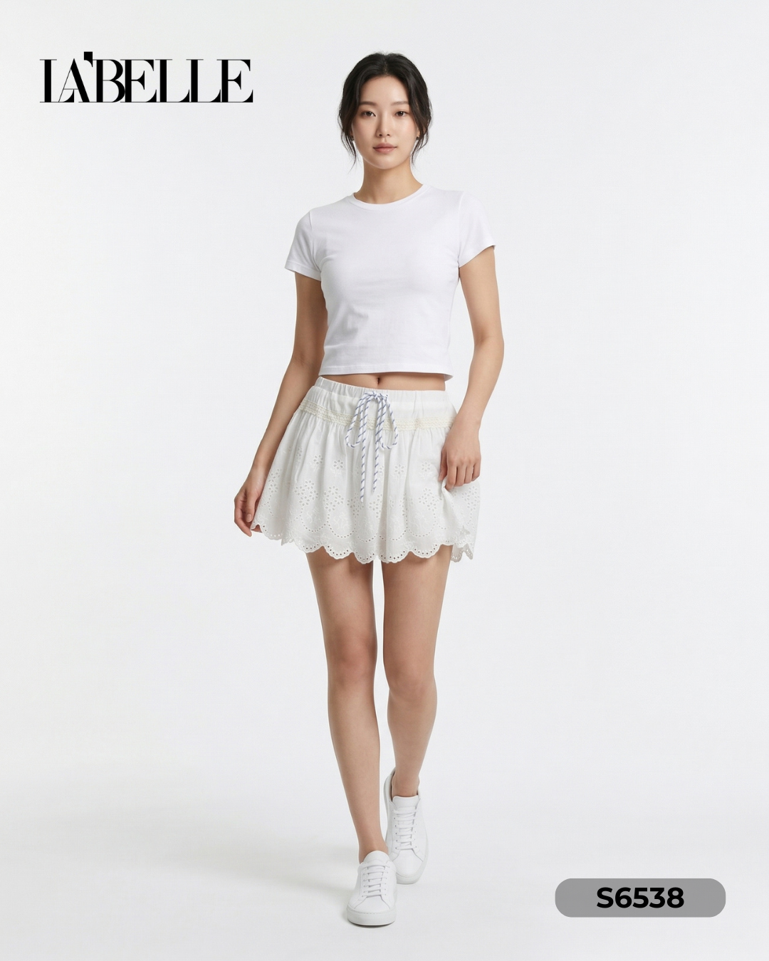 甜美镂空刺绣系带设计高腰短裙 (S6538)