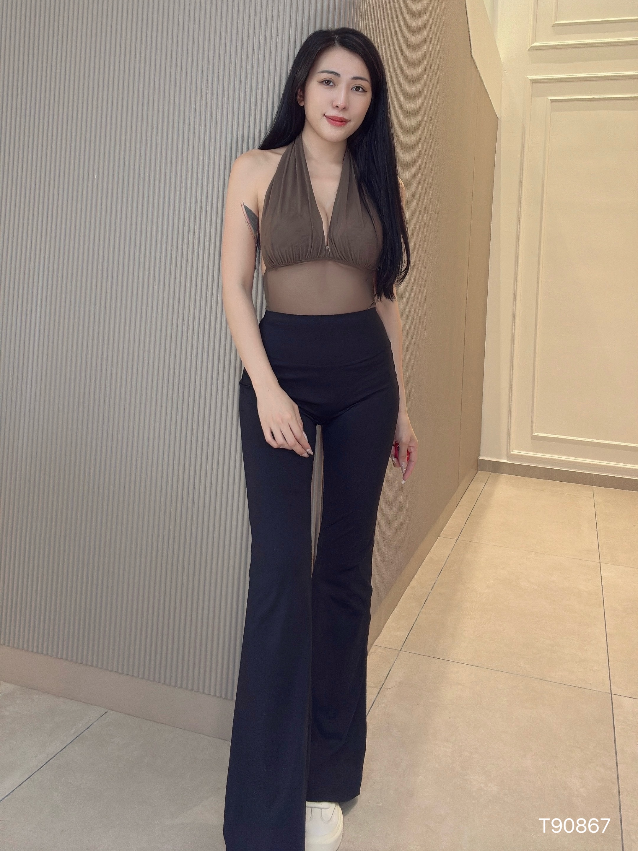 性感网纱挂脖系带美背上衣 (T90867)