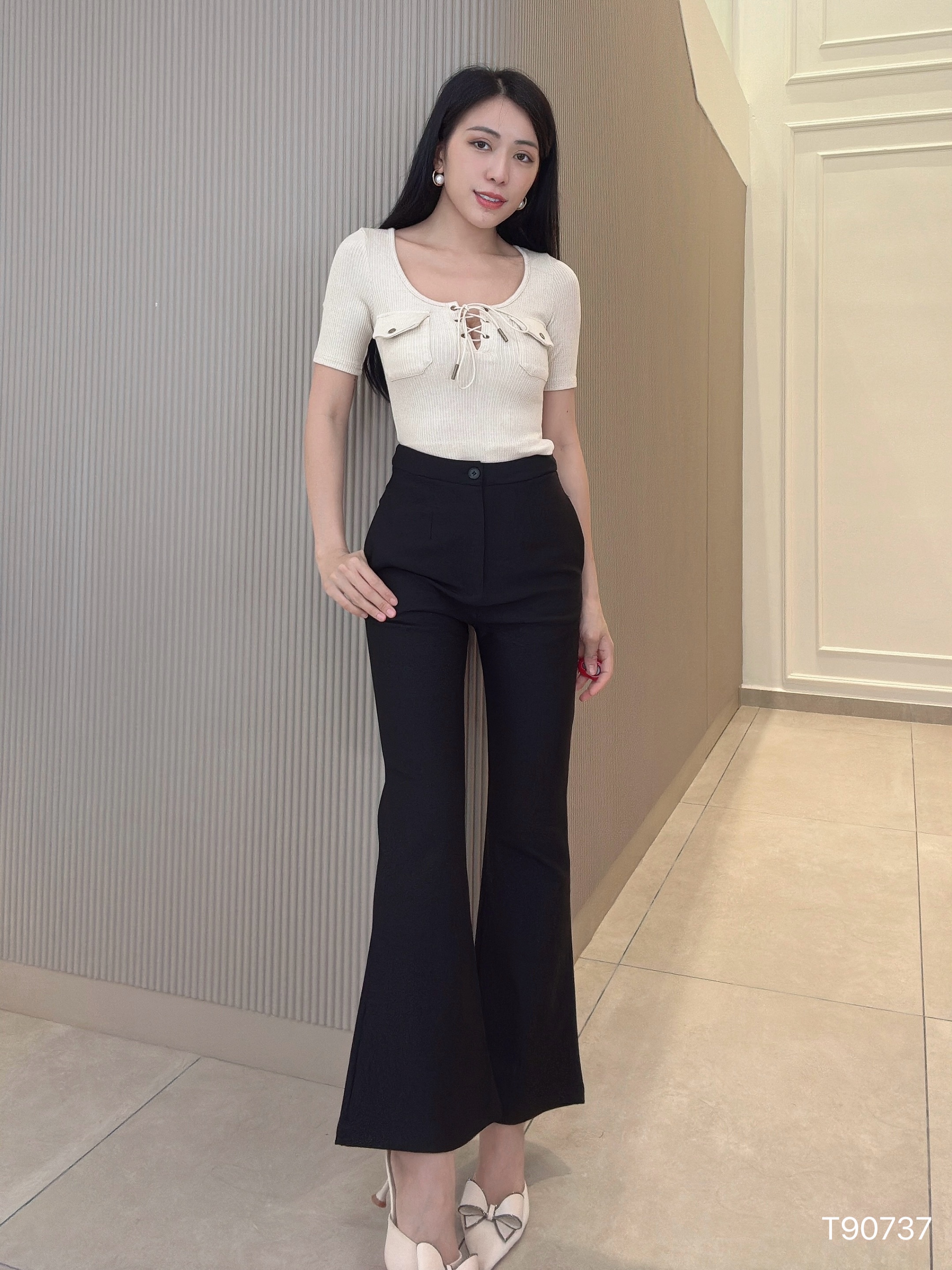 美式绑带U领设计修身上衣  (T90737)