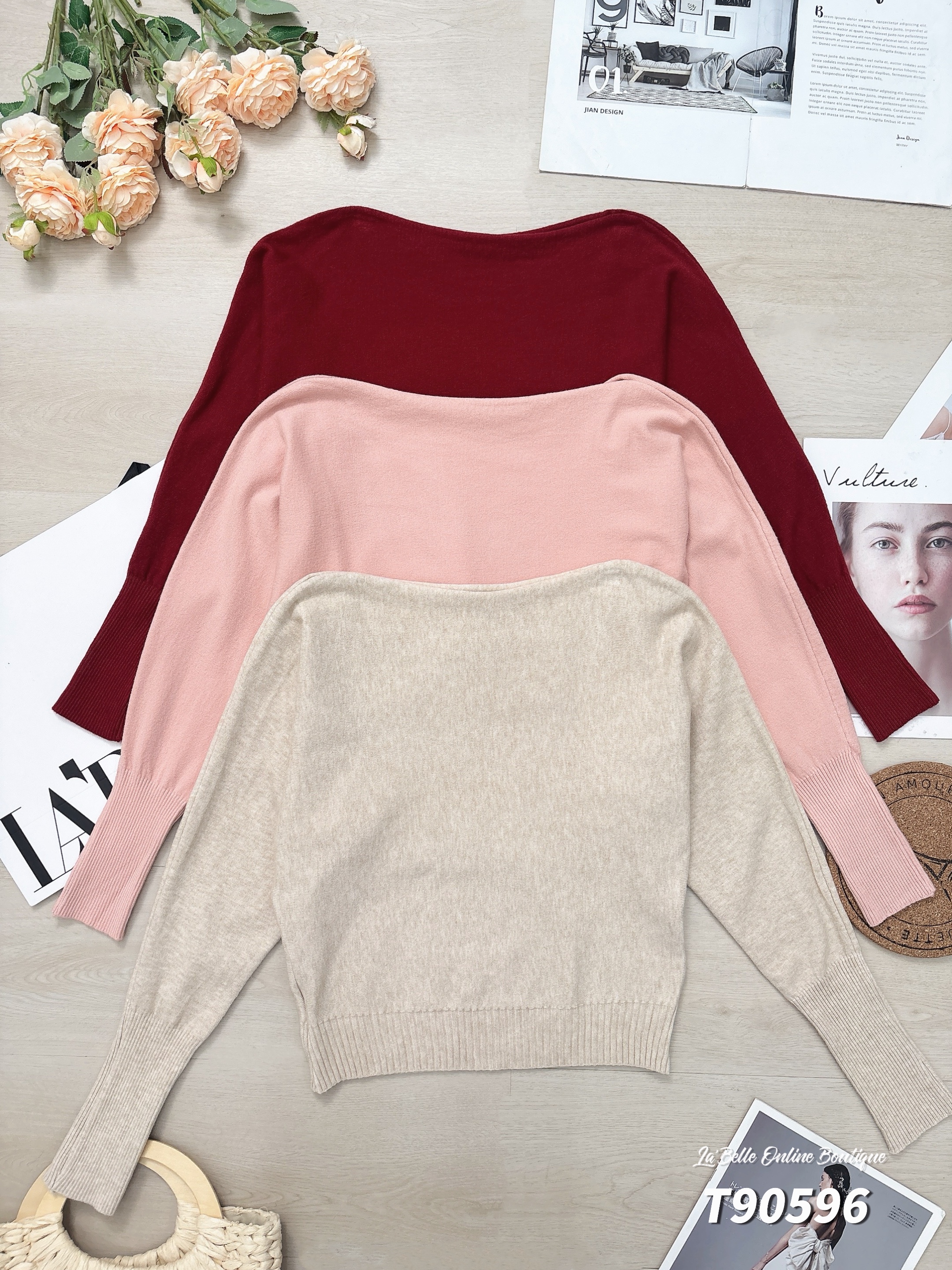 慵懒纯色宽领长袖上衣 (T90596)