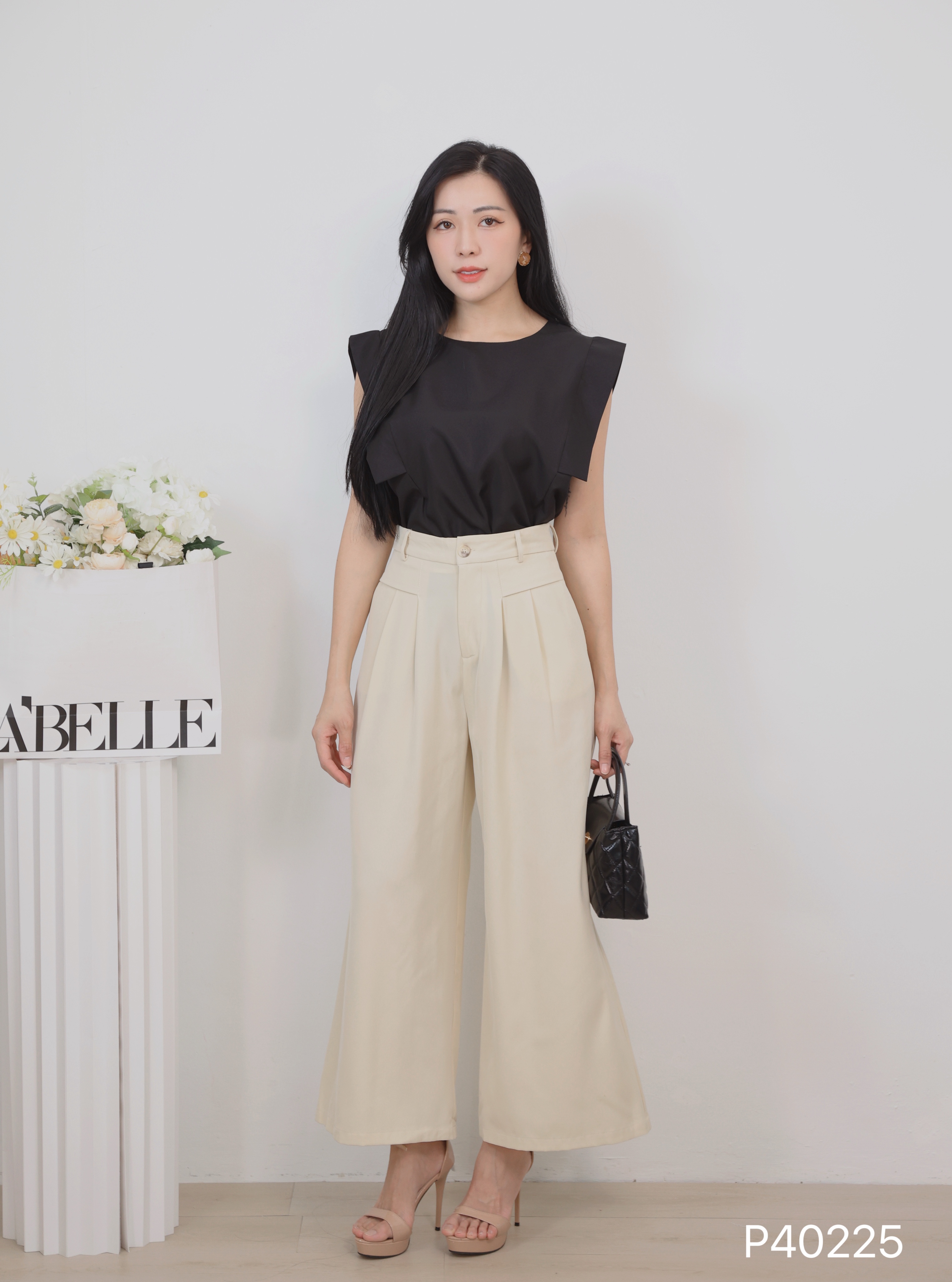 OL风压褶设计阔腿高腰长裤 (P40225)