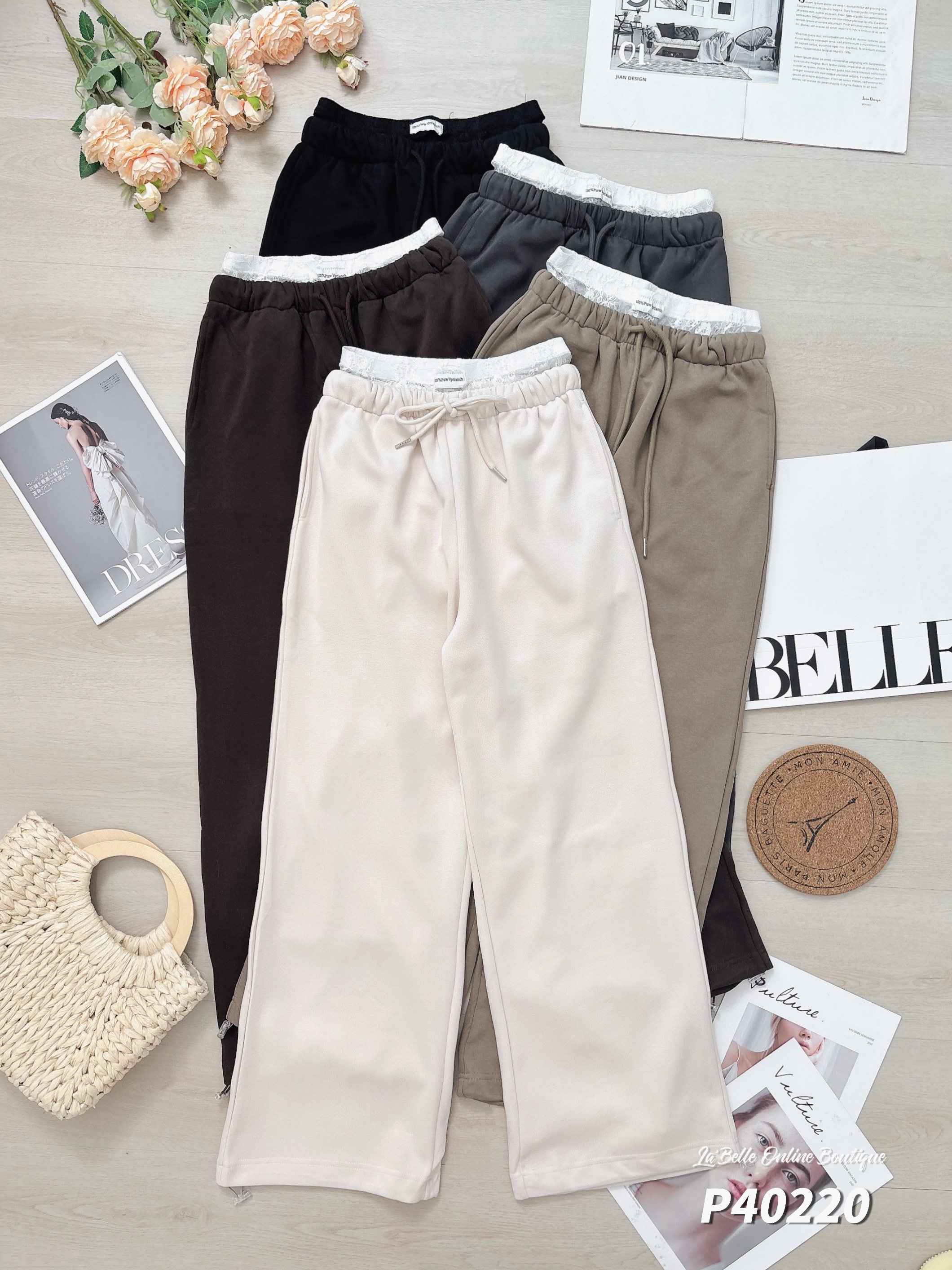 时尚蕾丝拼接抽绳设计高腰长裤 (P40220)