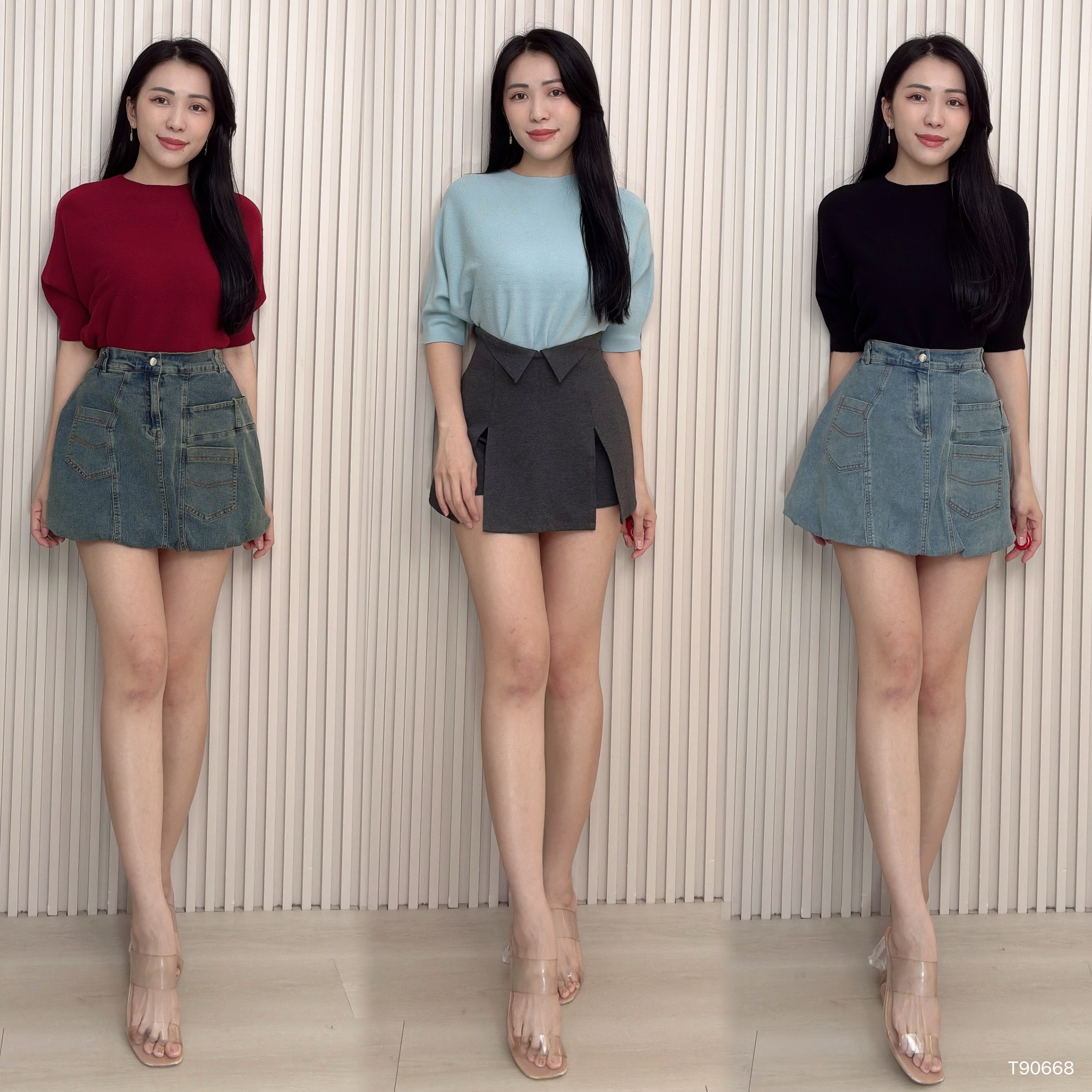 慵懒风宽松圆领中长袖上衣 (T90668)