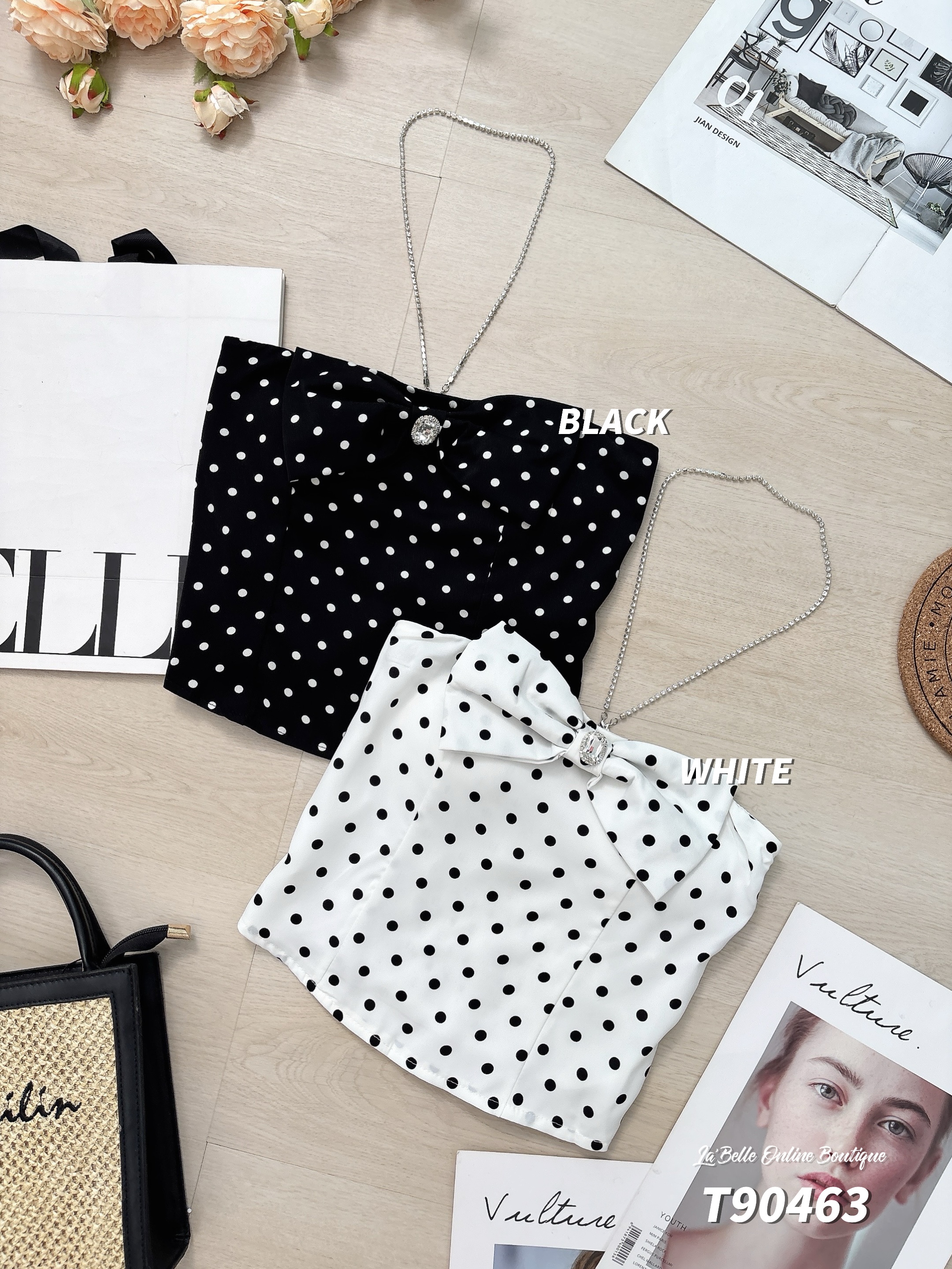 复古波点蝴蝶结设计抹胸上衣 (T90463)