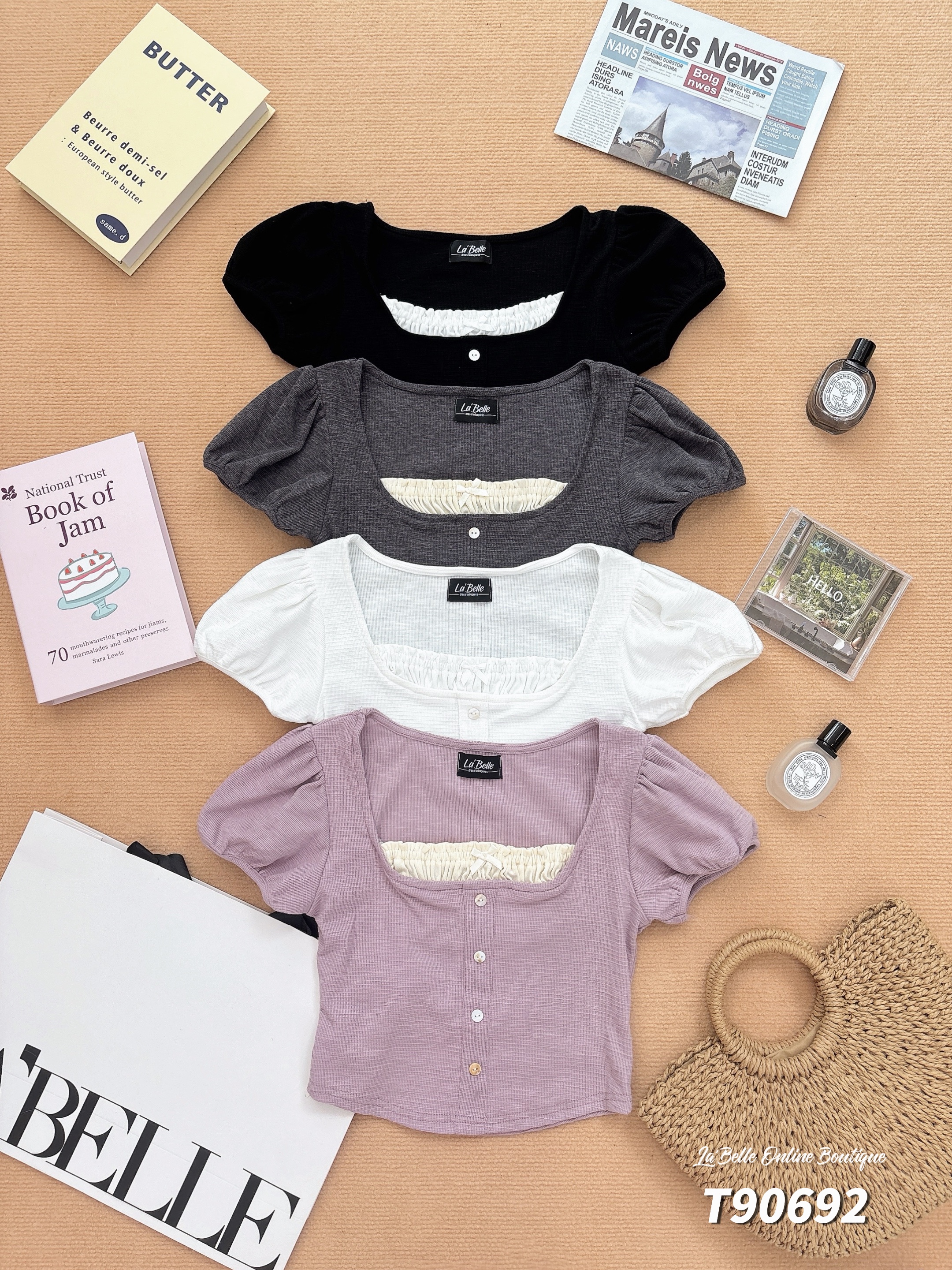 时尚洋气方领假两件泡泡袖上衣 (T90692)