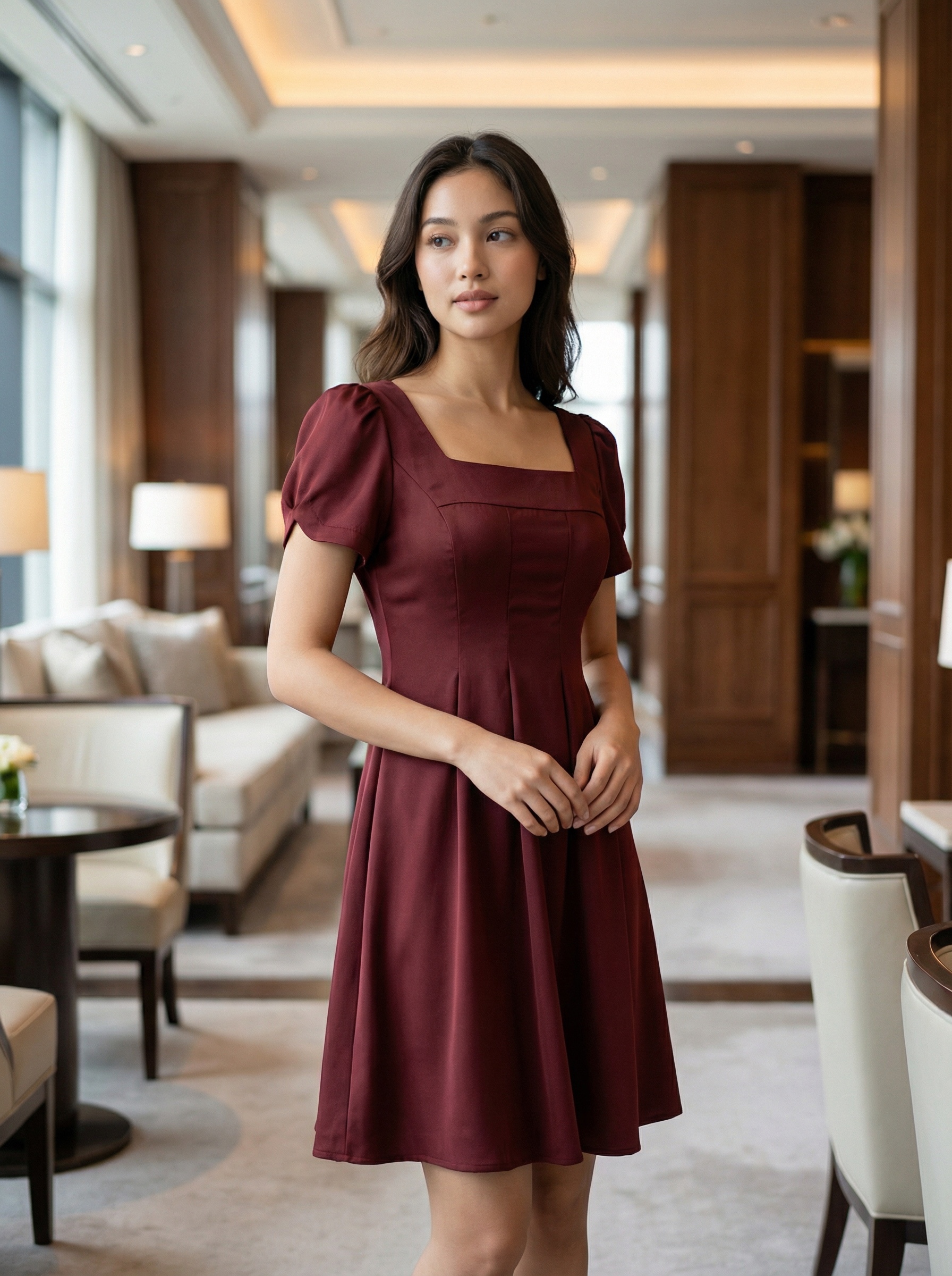 【LBP独家】法式方领泡泡袖设计连身裙 (ST21601)