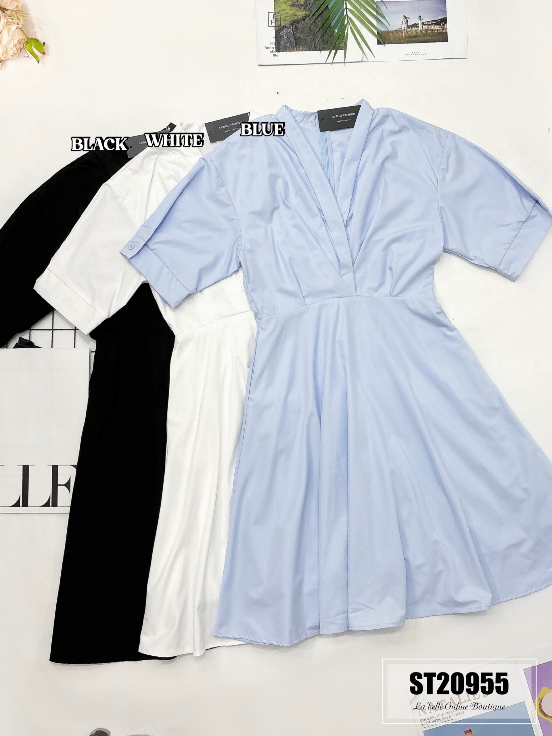 大V领褶皱按钮设计连身裙 (ST20955)