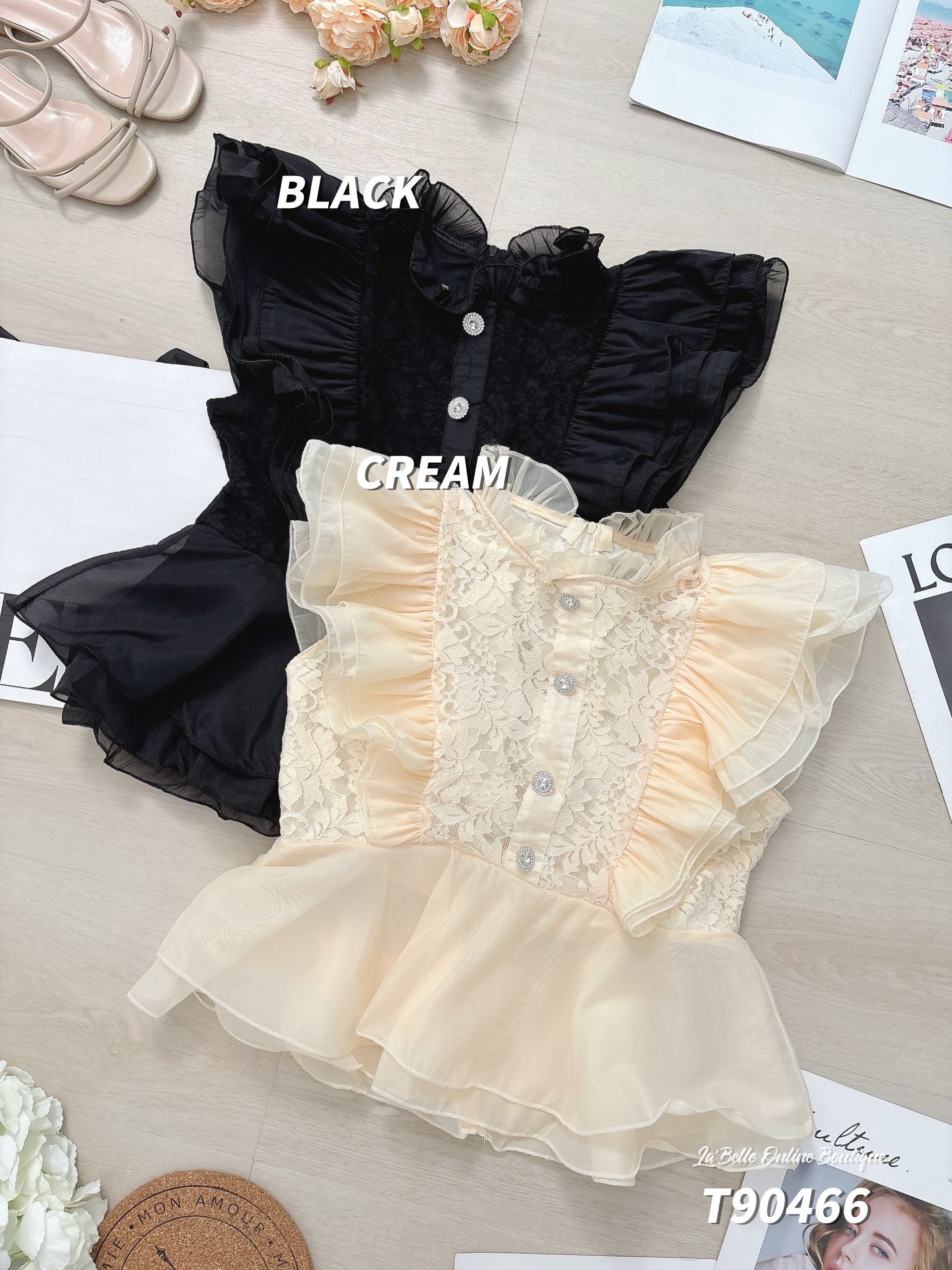 法式宫廷风荷叶边设计小飞袖上衣 (T90466)