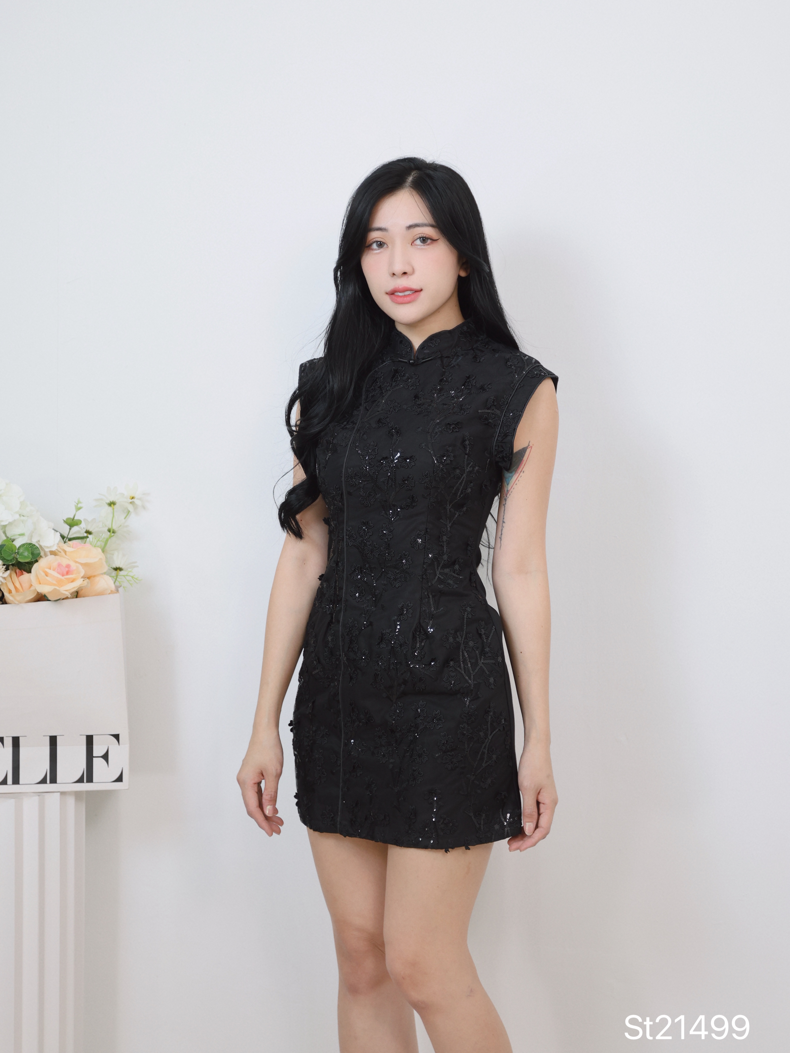 新中式立体花朵刺绣设计修身旗袍 (ST21499)