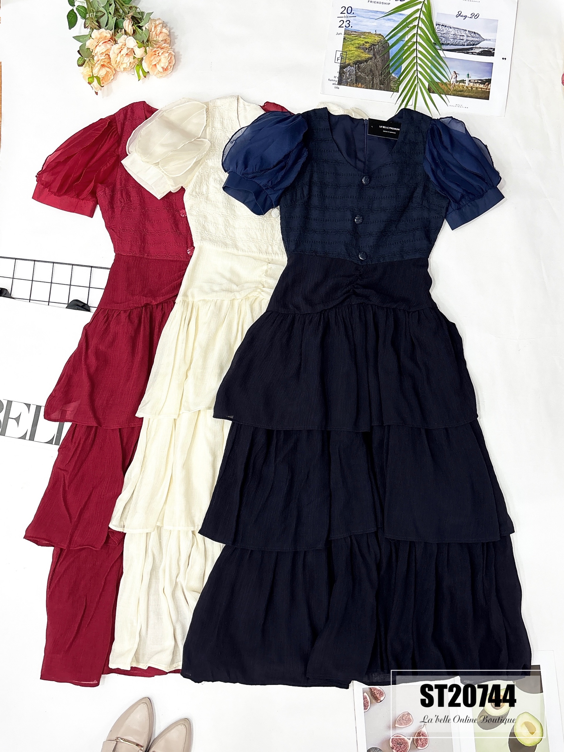 法式泡泡袖蛋糕层连身裙(ST20744)