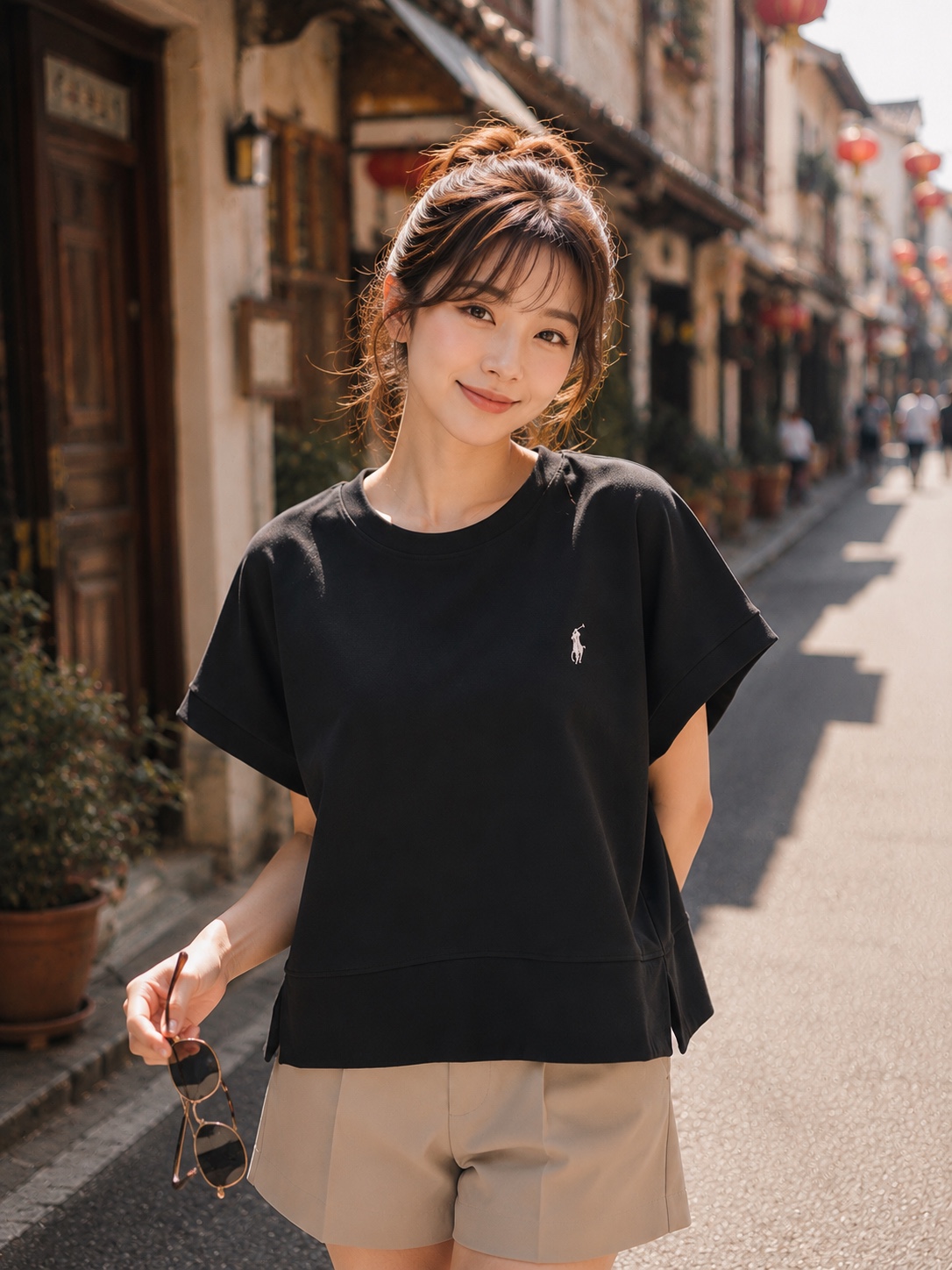 美式休闲风双侧开叉设计刺绣上衣(T90787)