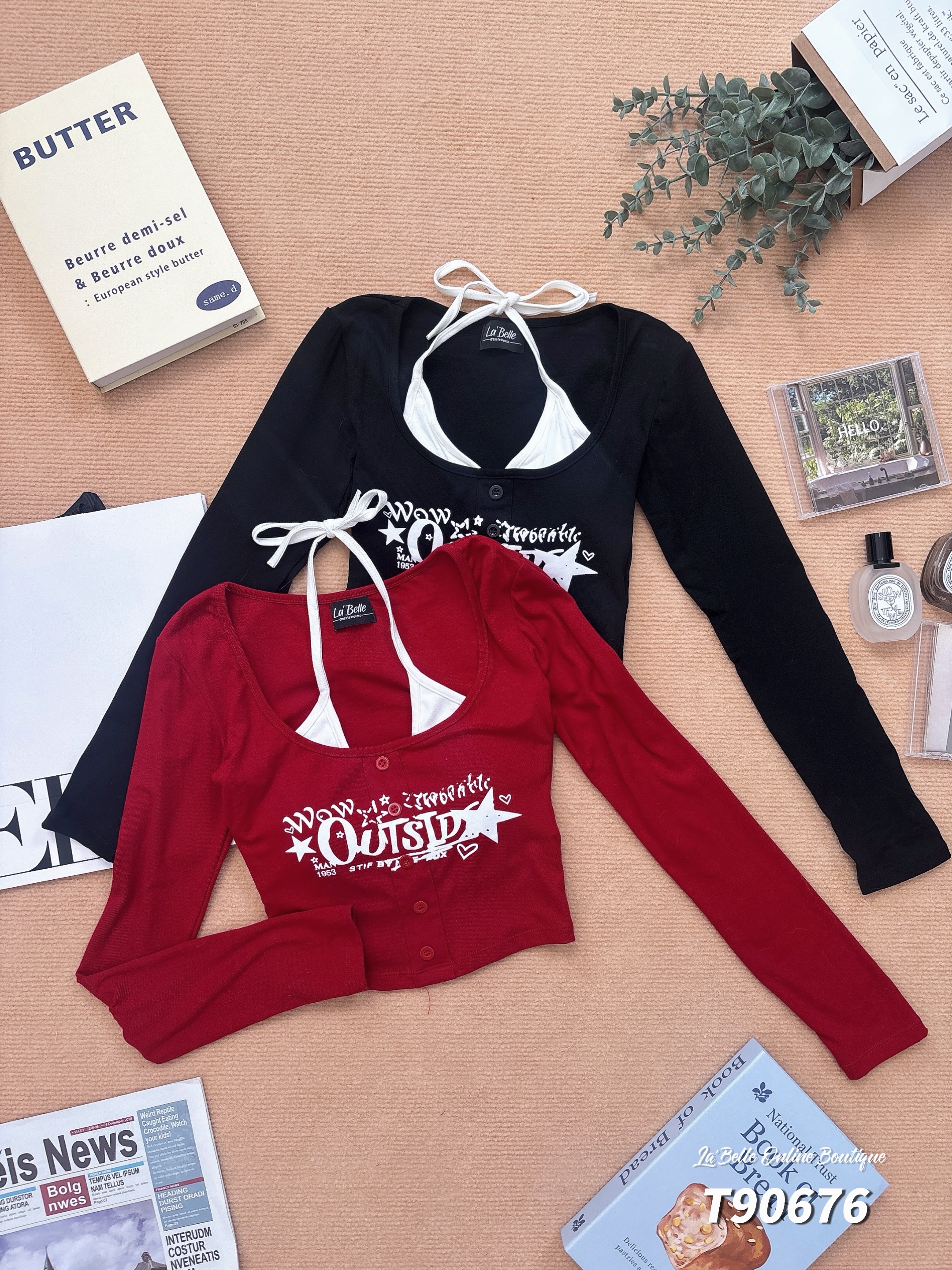 欧美假两件挂脖长袖上衣 （T90676）