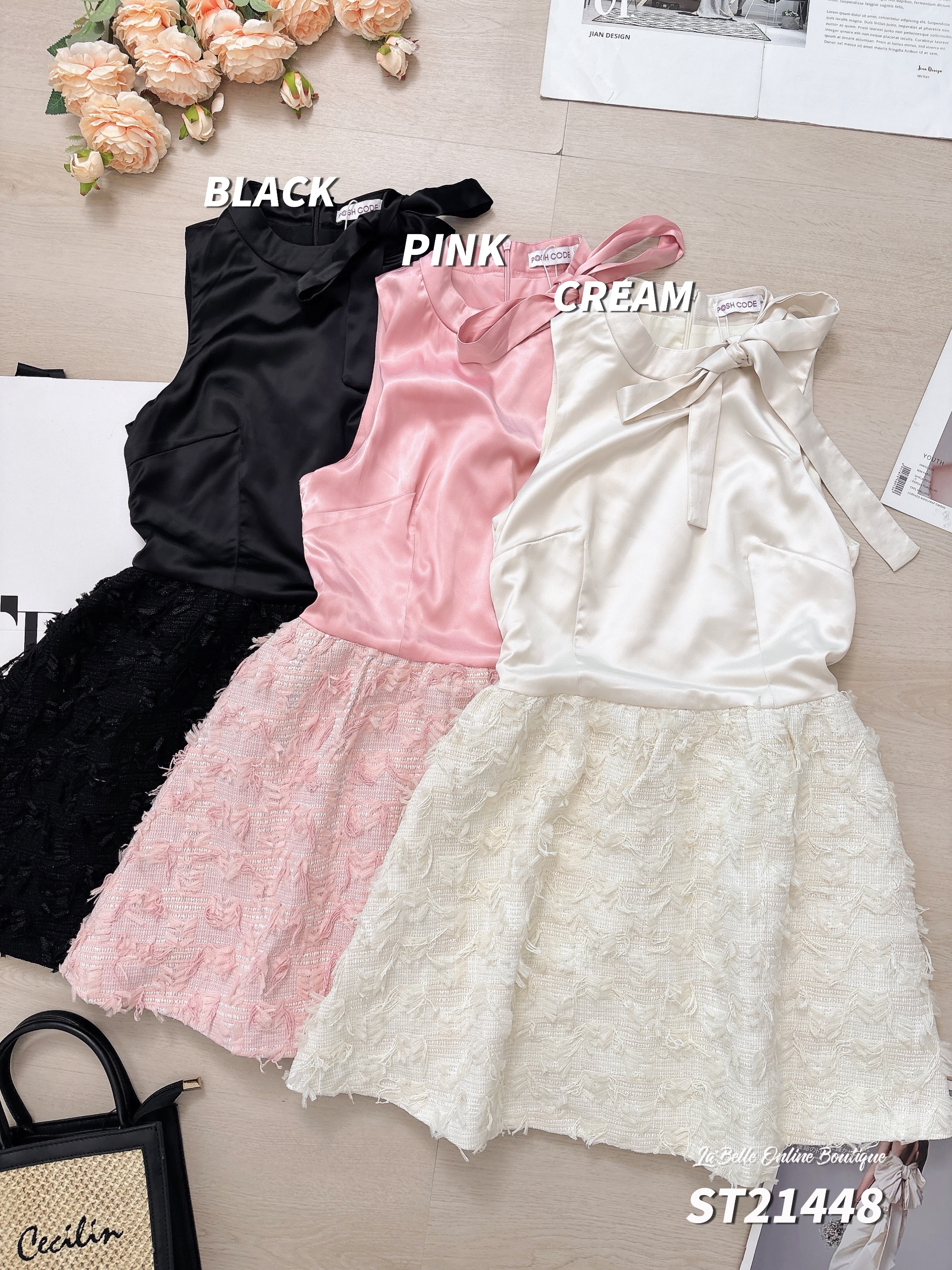 精致小香风蝴蝶结设计无袖连身裙 (ST21448)