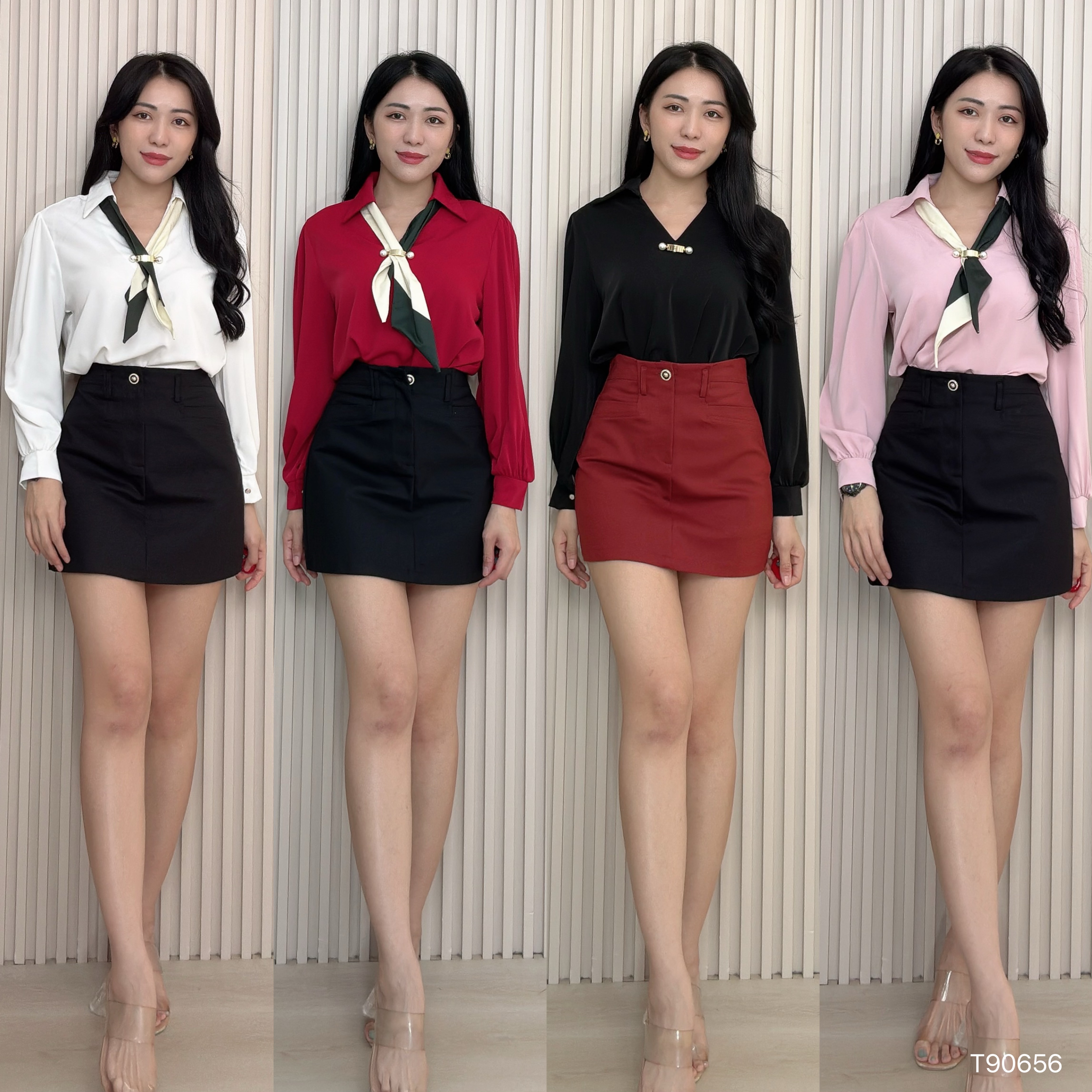 气质OL风翻领设计长袖上衣 (T90656)