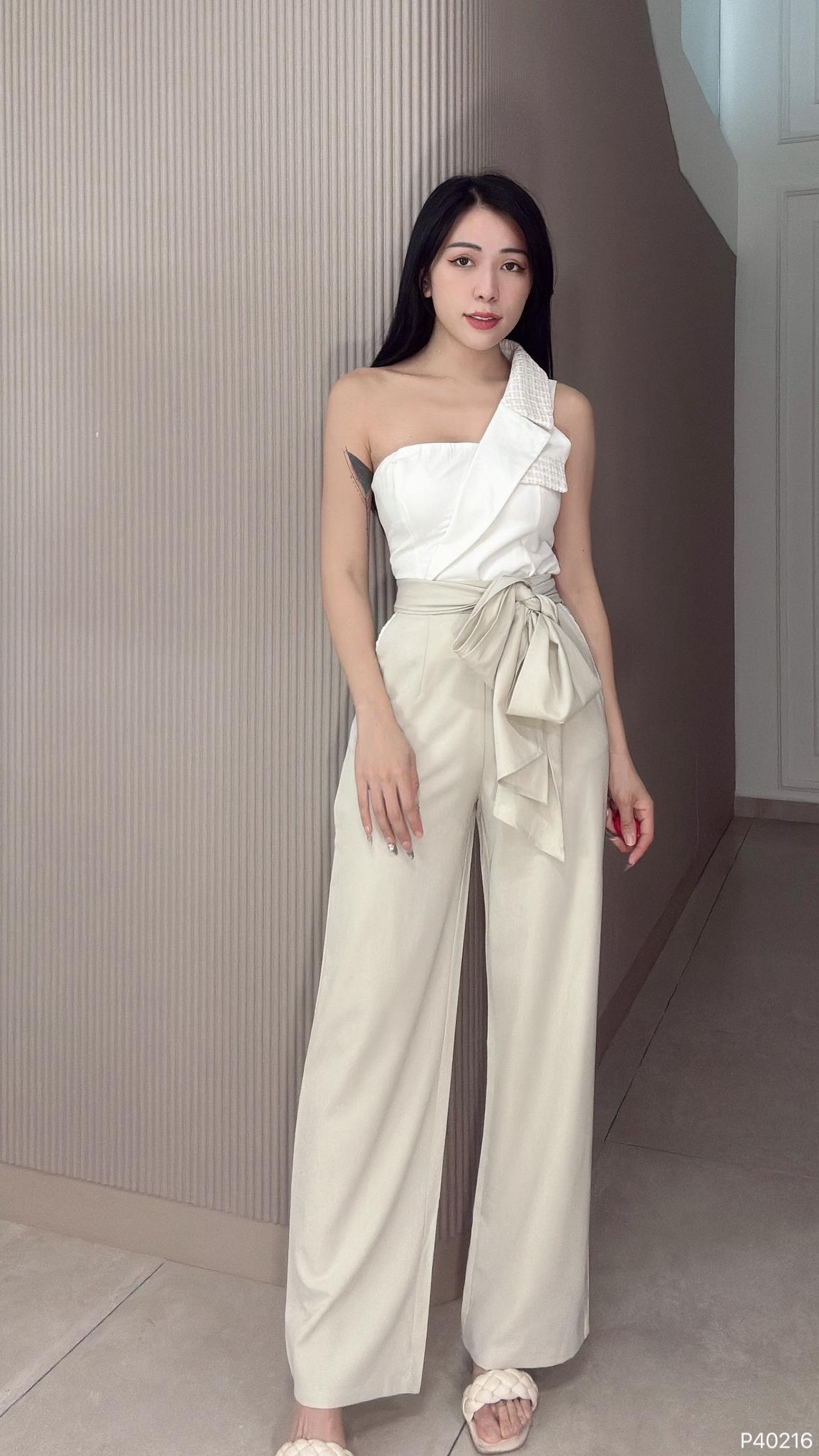 【LATTE NOON】时尚系带明线设计阔腿高腰长裤   (P40216)