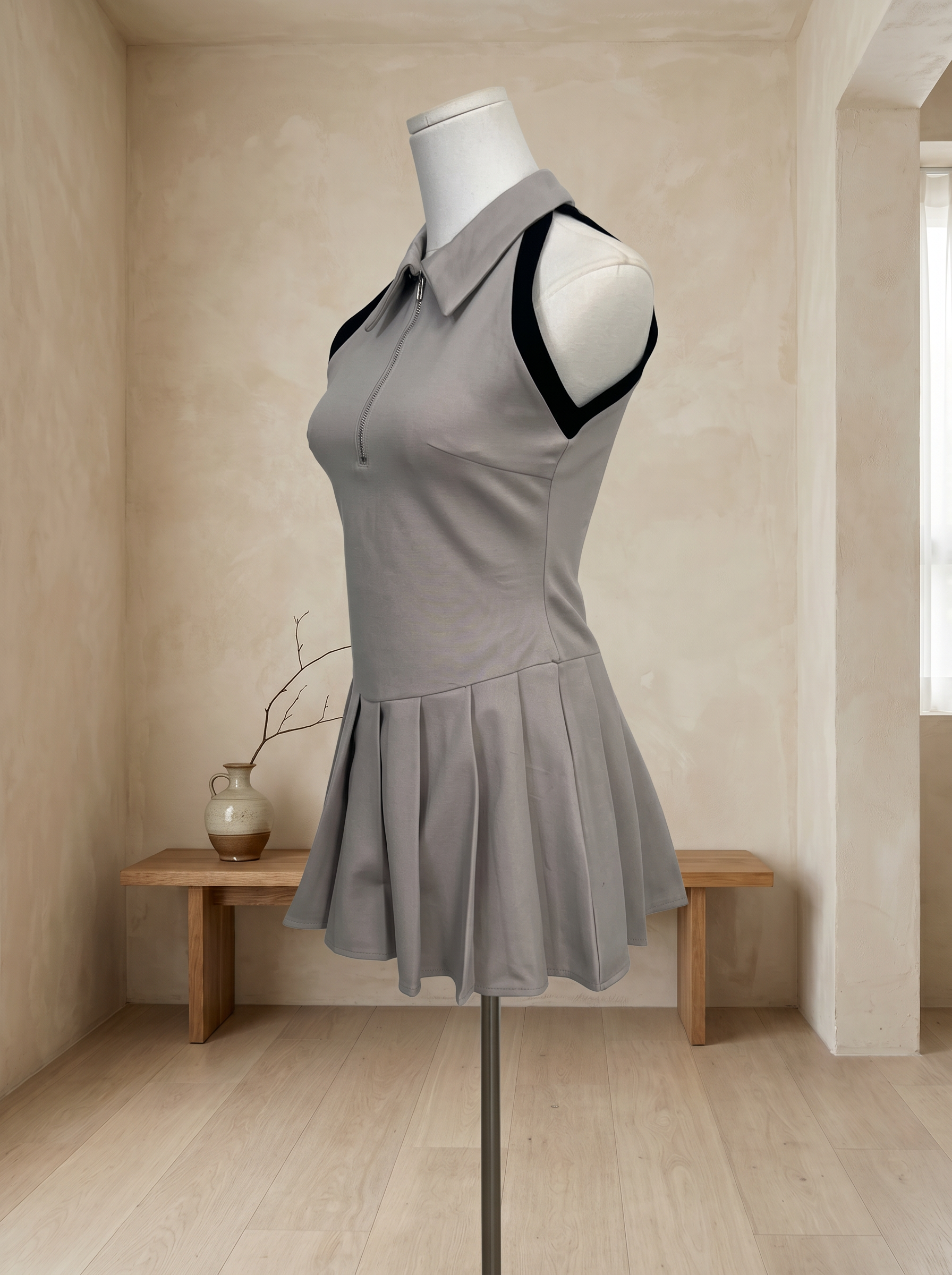 韩系削肩撞色设计百褶连身裙 (ST21629)