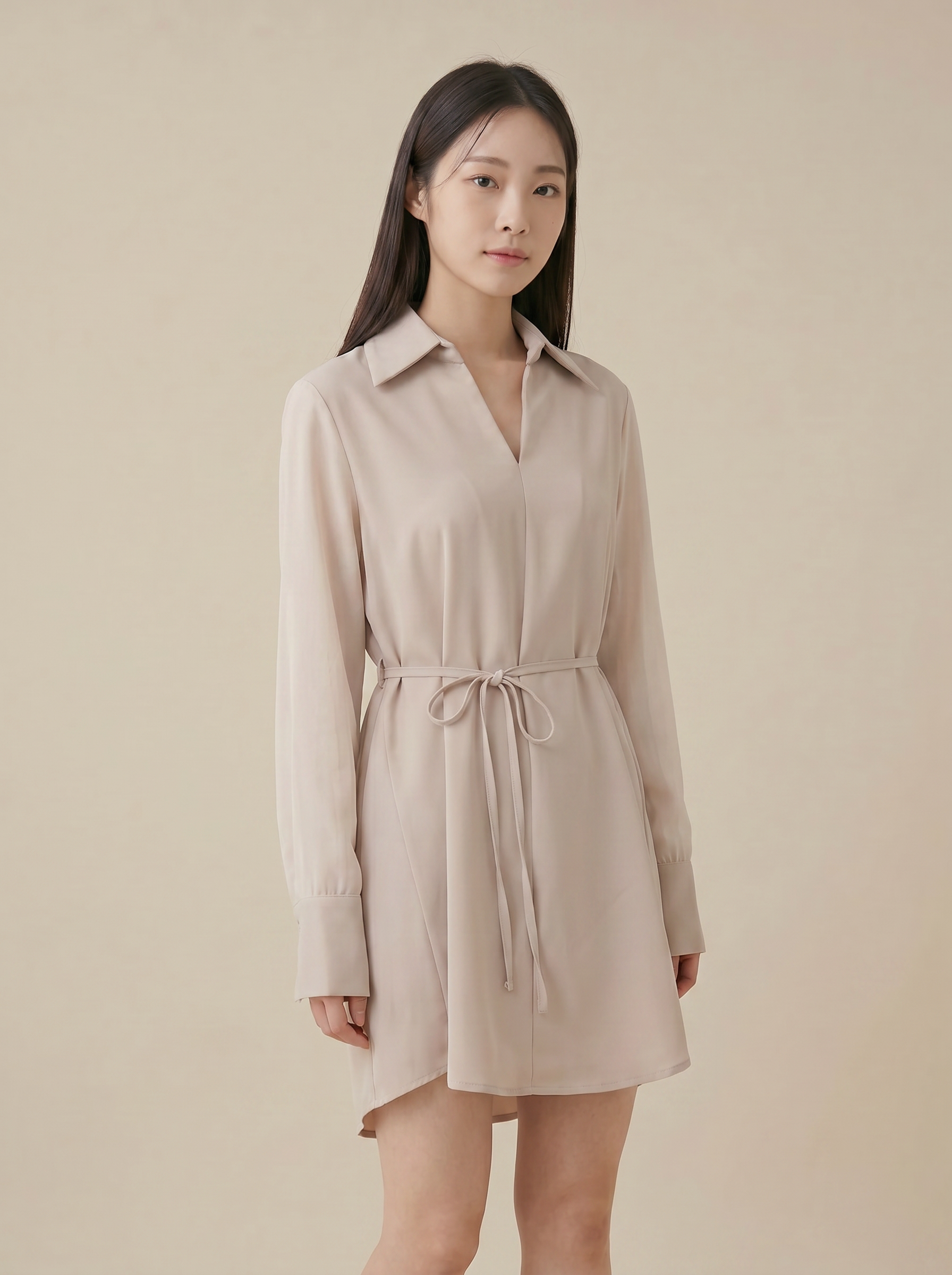 韩系V领宽松设计长袖连身裙  (ST21617)