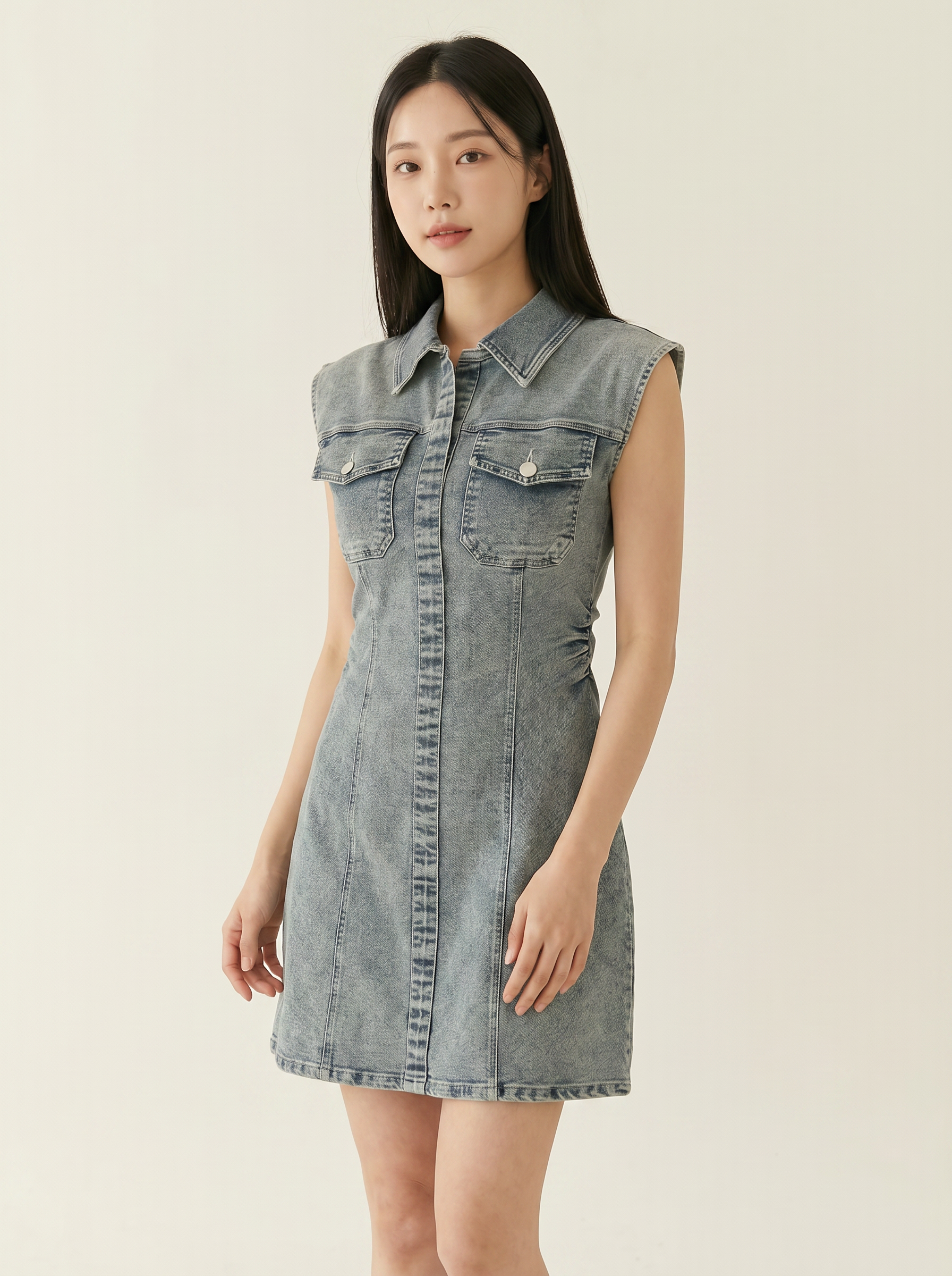 韩系ins风翻领皱褶收腰设计牛仔连身裙 (ST21628)