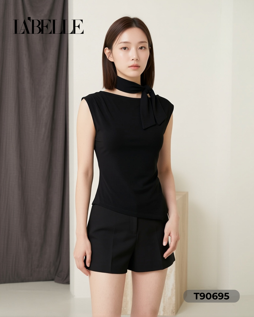 法式圆领压皱设计无袖上衣 (T90695)