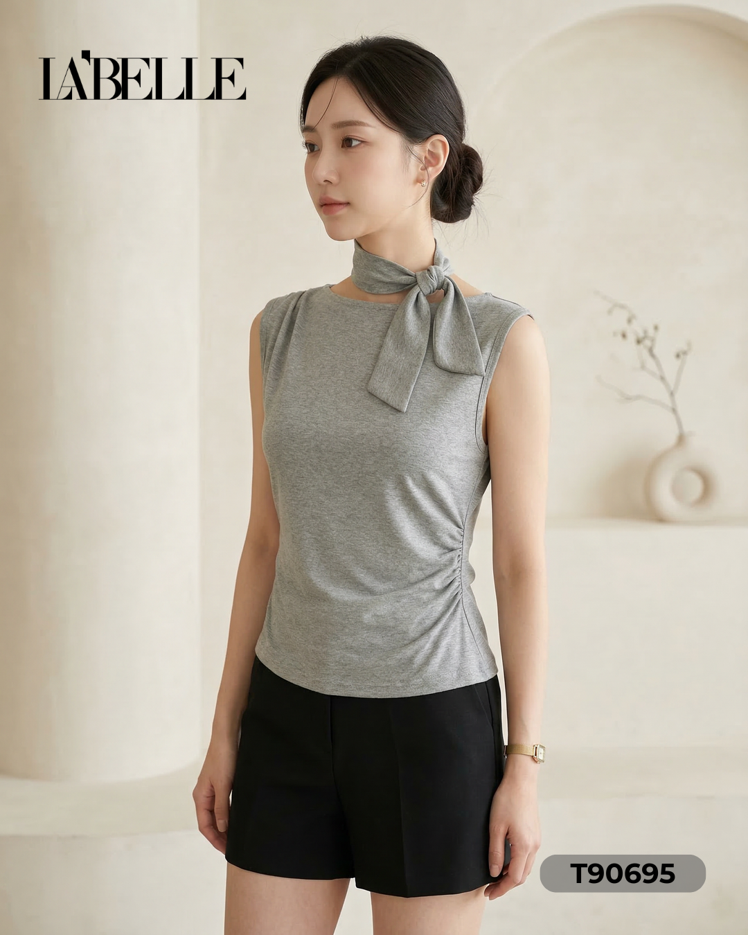 法式圆领压皱设计无袖上衣 (T90695)