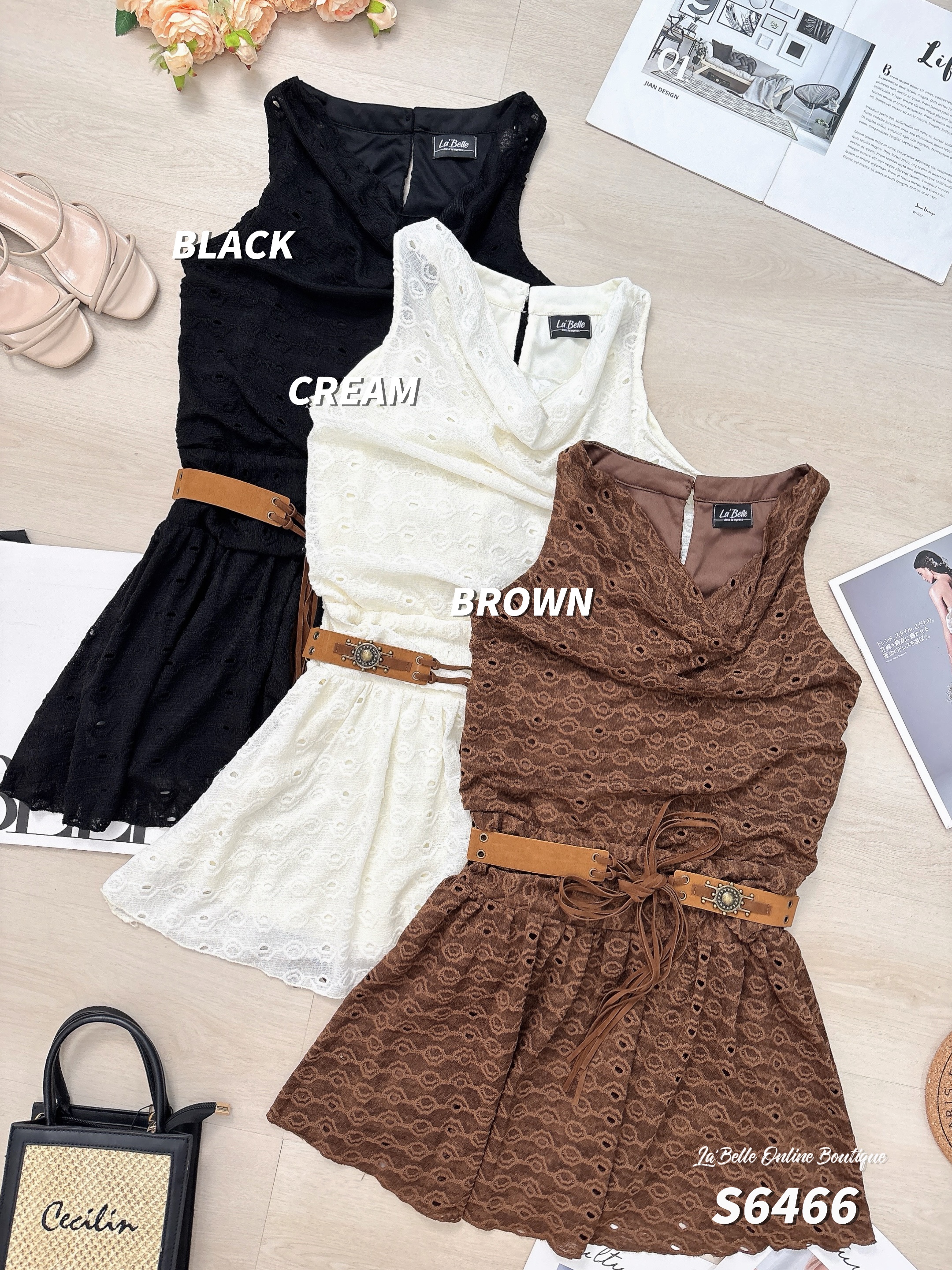 法式度假风镂空褶皱设计无袖连身裙 (S6466)