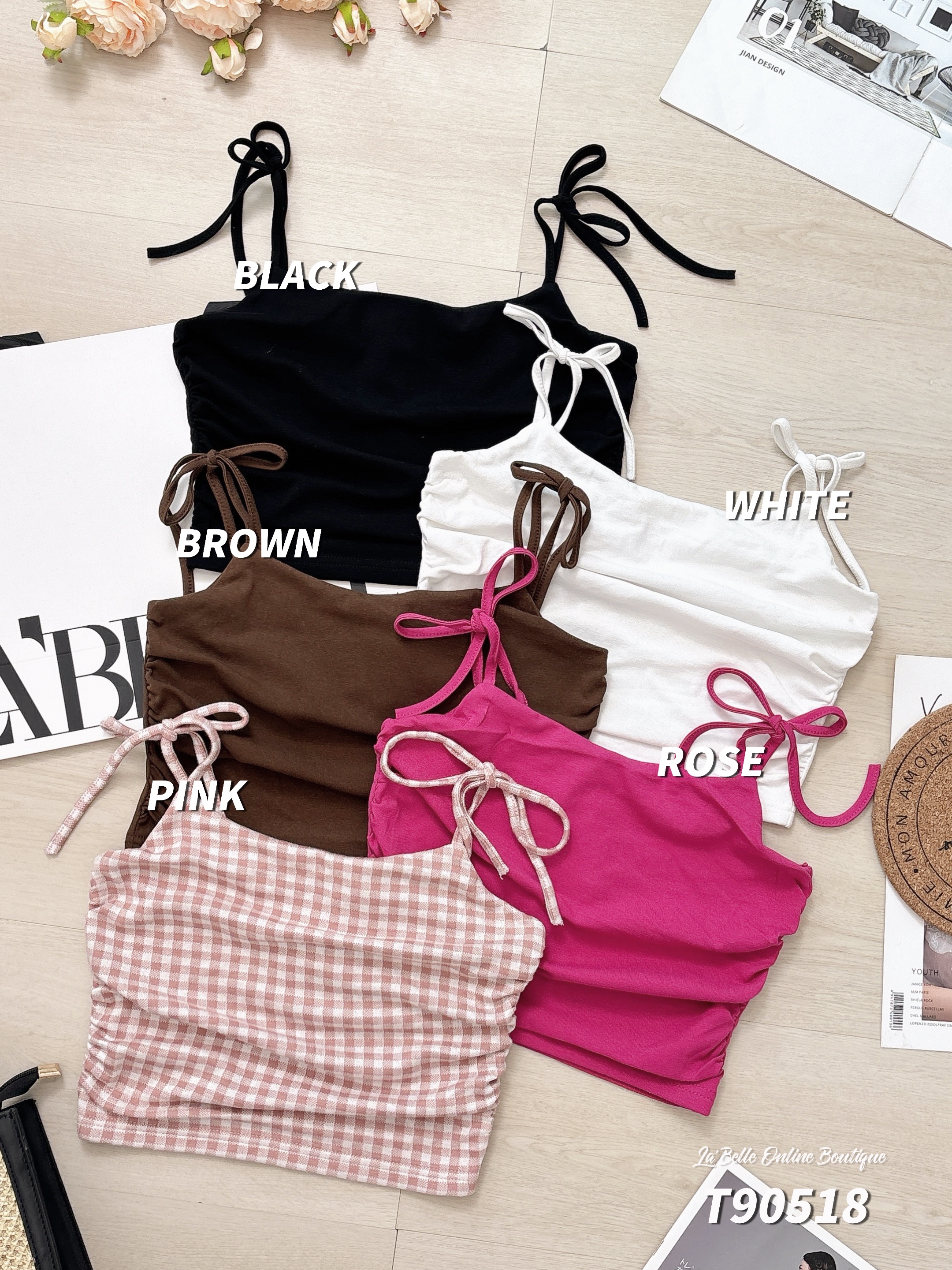 甜美褶皱设计蝴蝶结吊带上衣 (T90518)