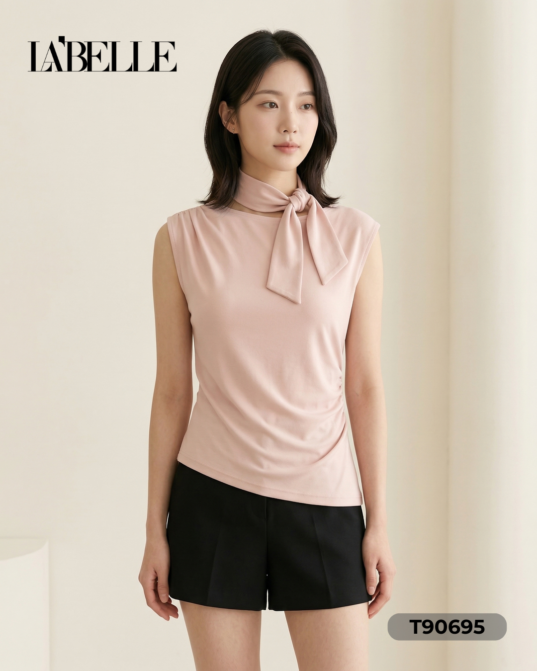 法式圆领压皱设计无袖上衣 (T90695)