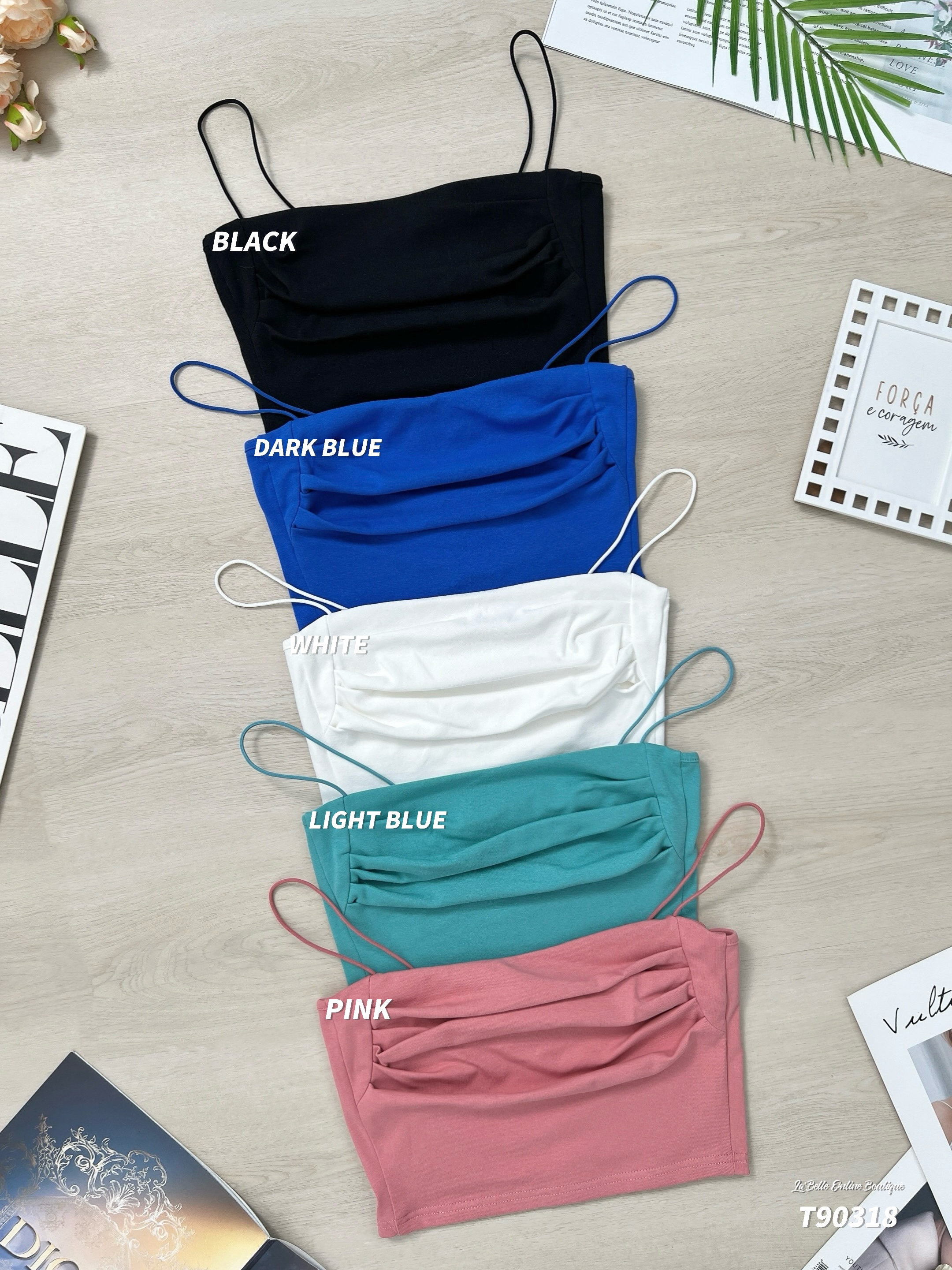 百搭褶皱设计短版细带上衣 (T90318)