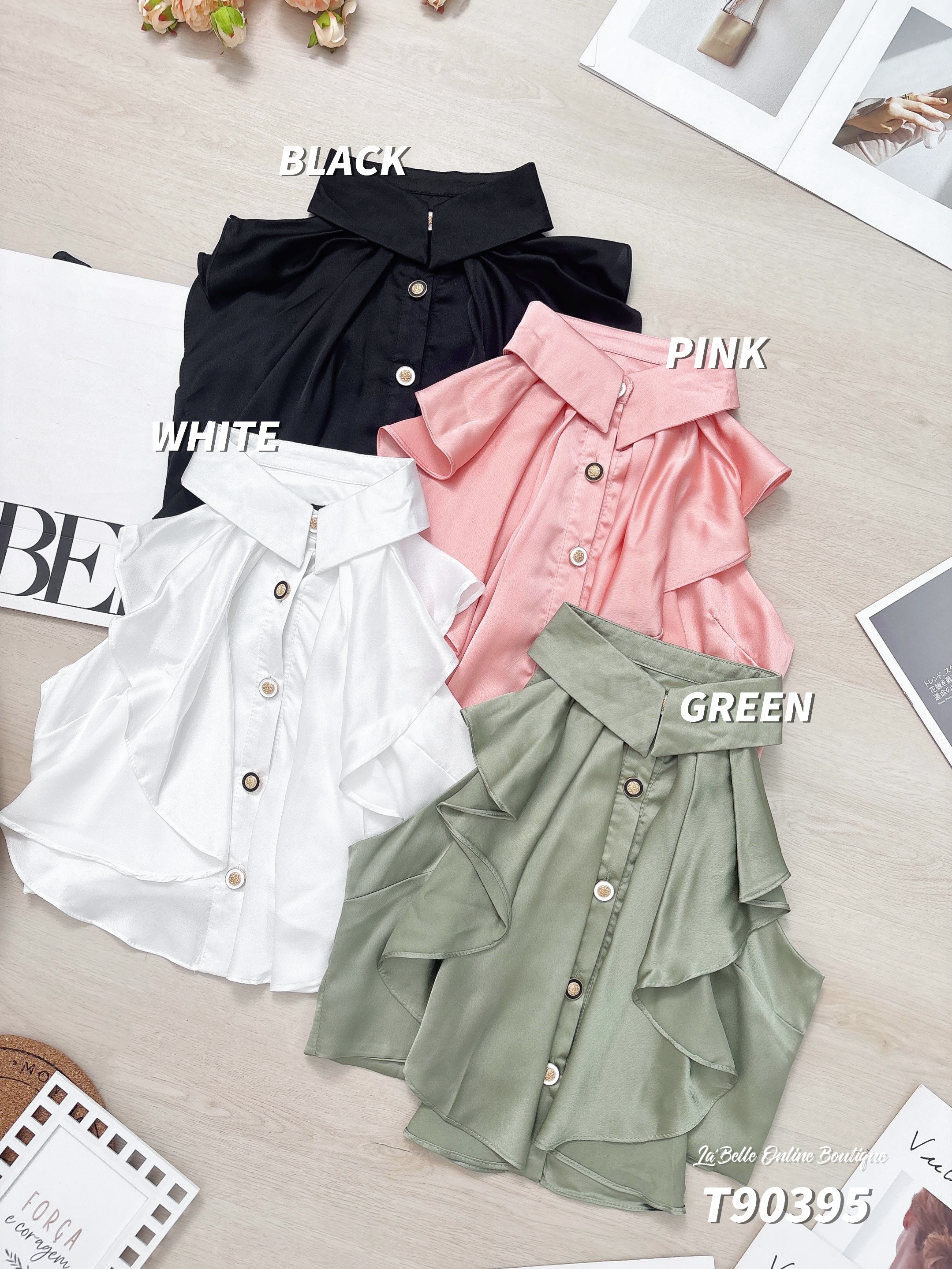 法式无袖荷叶领巾设计上衣 (T90395)