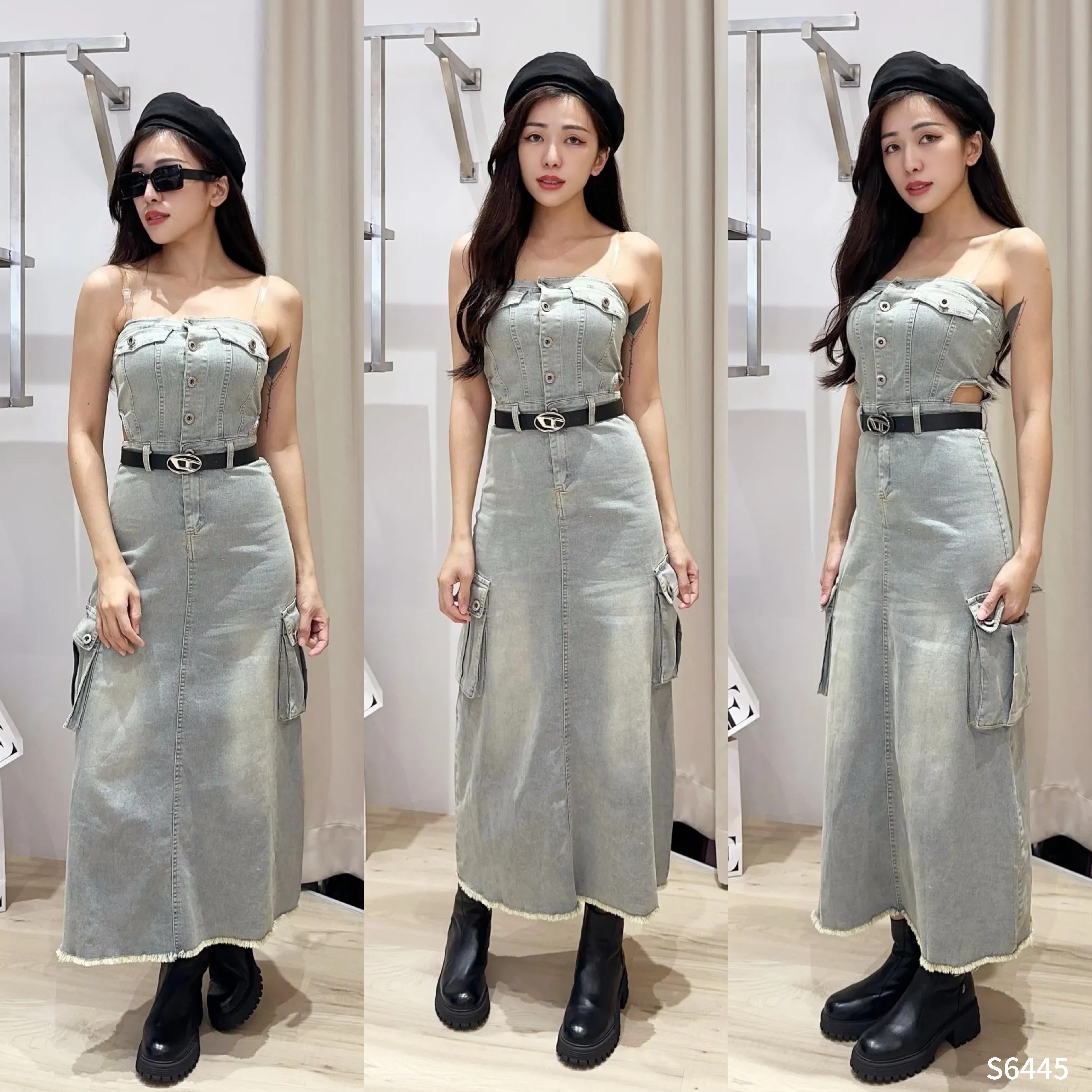 酷帅抹胸镂空设计牛仔连身裙 (S6445)