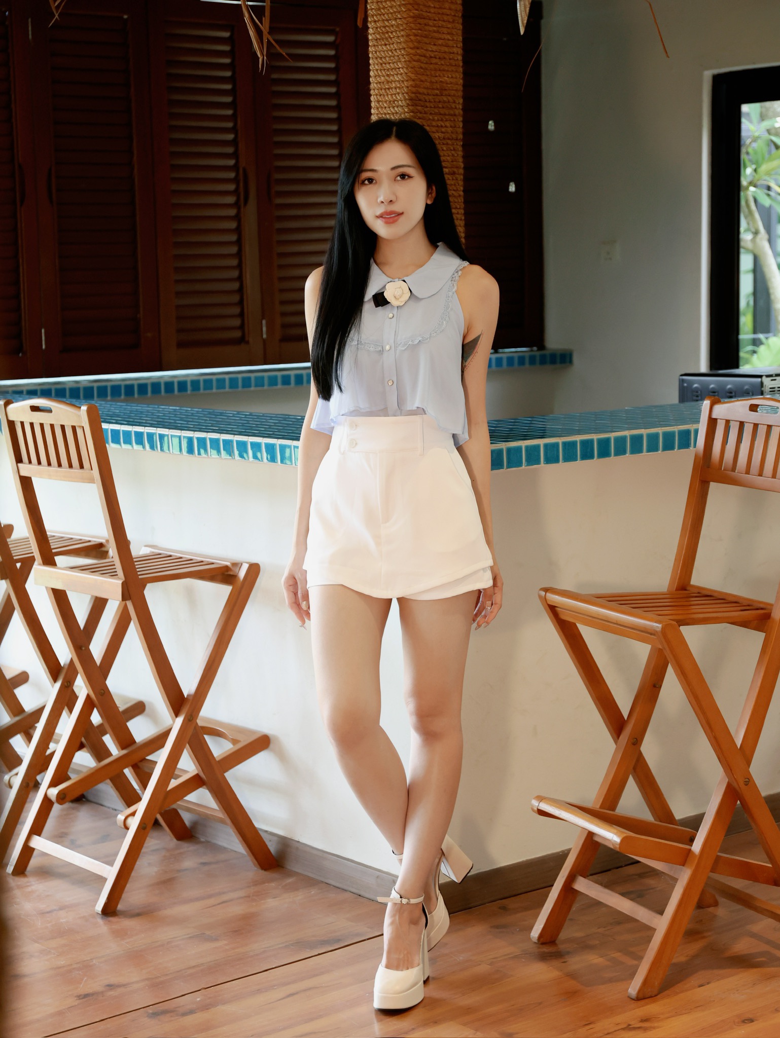 韩系双层蕾丝边设计无袖上衣 (T90622)