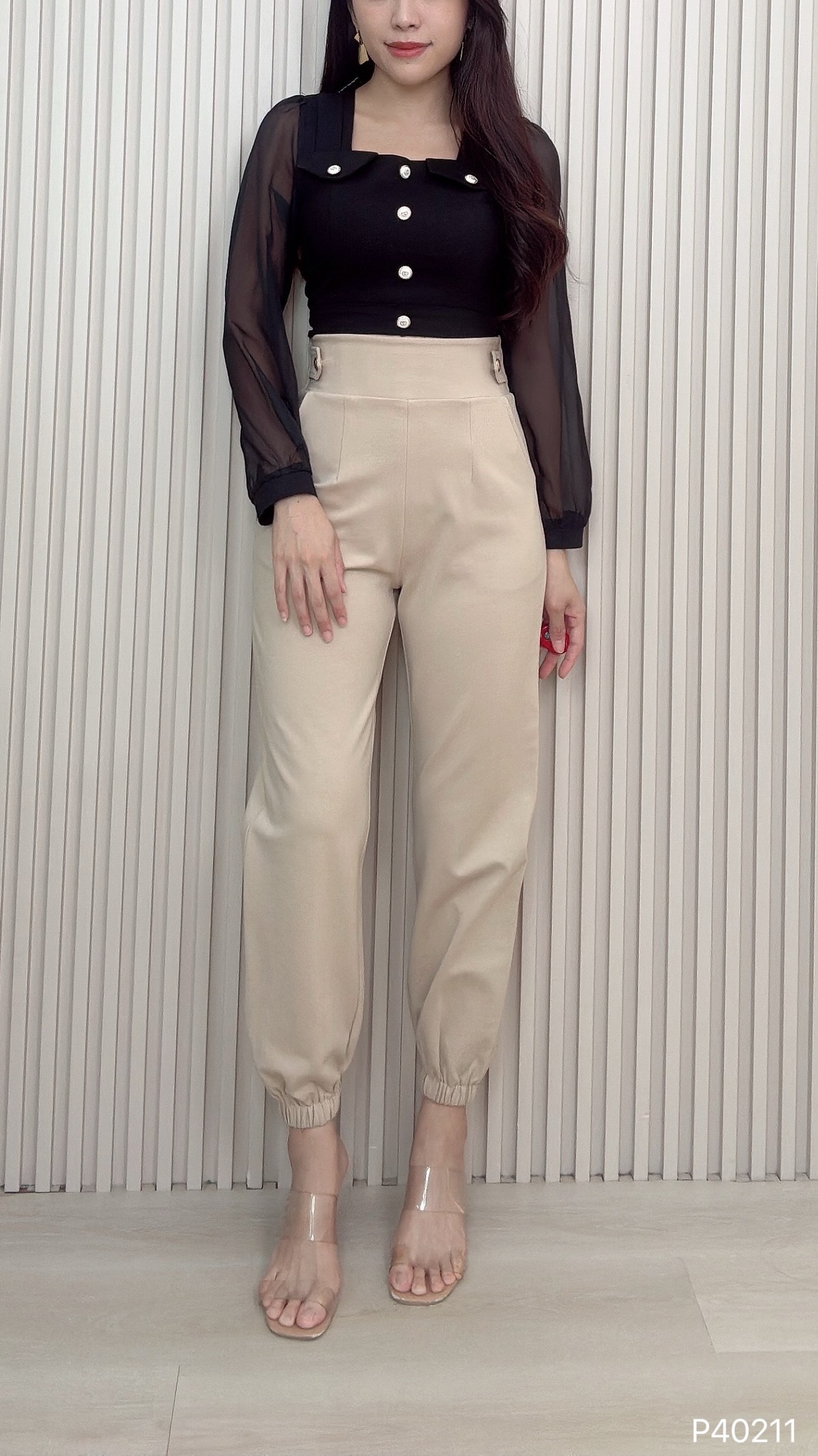 韩版哈伦风束脚设计高腰长裤 (P40211)