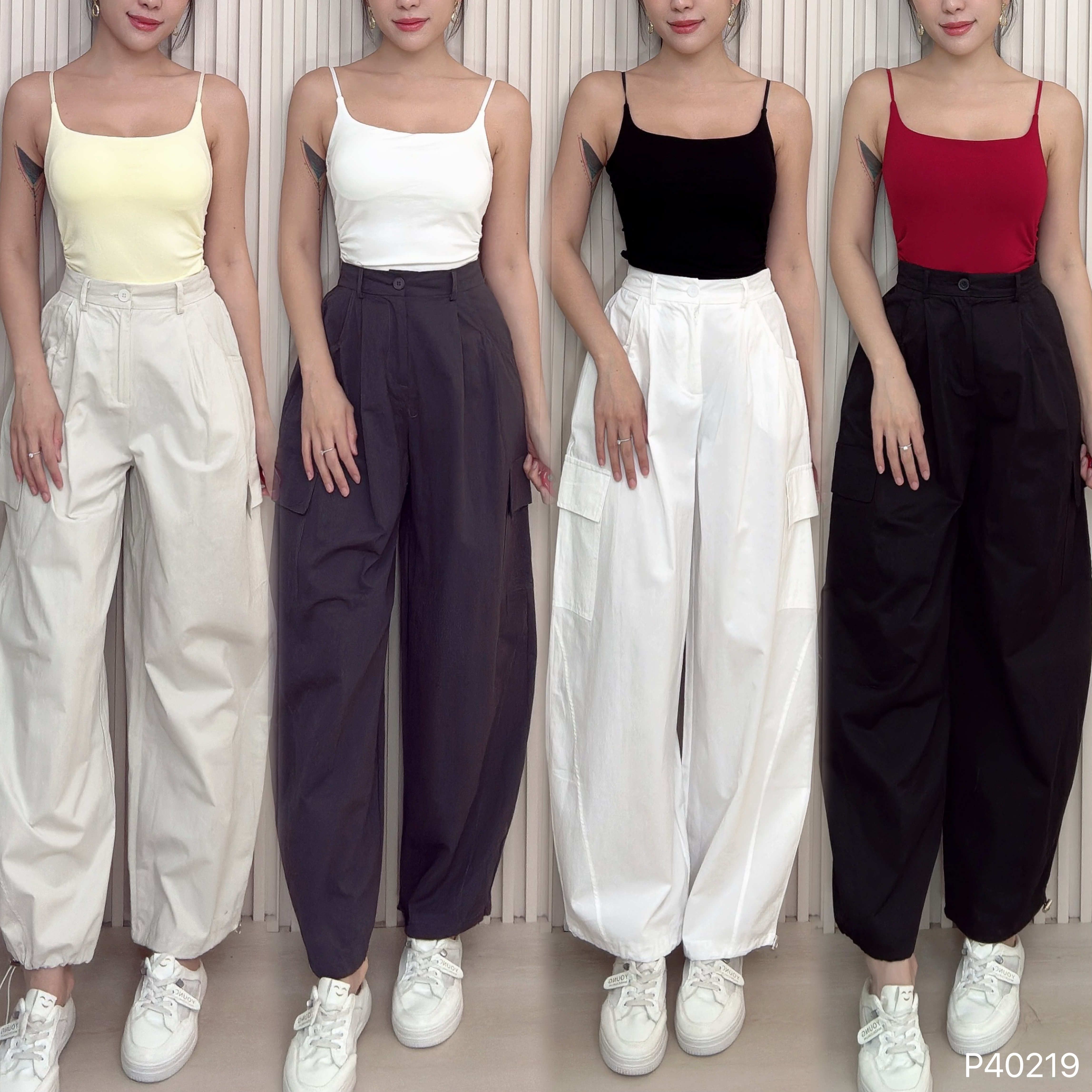 酷帅工装抽绳设计阔腿高腰长裤 (P40219)