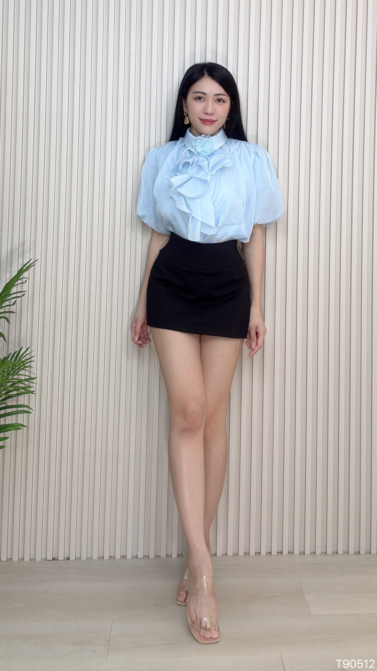 甜美翻领荷叶边设计泡泡袖上衣 (T90512)