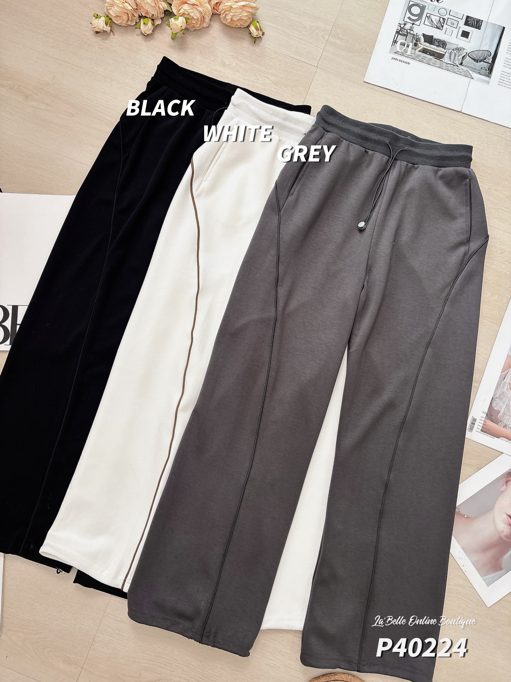 百搭抽绳设计阔腿长裤 (P40224)