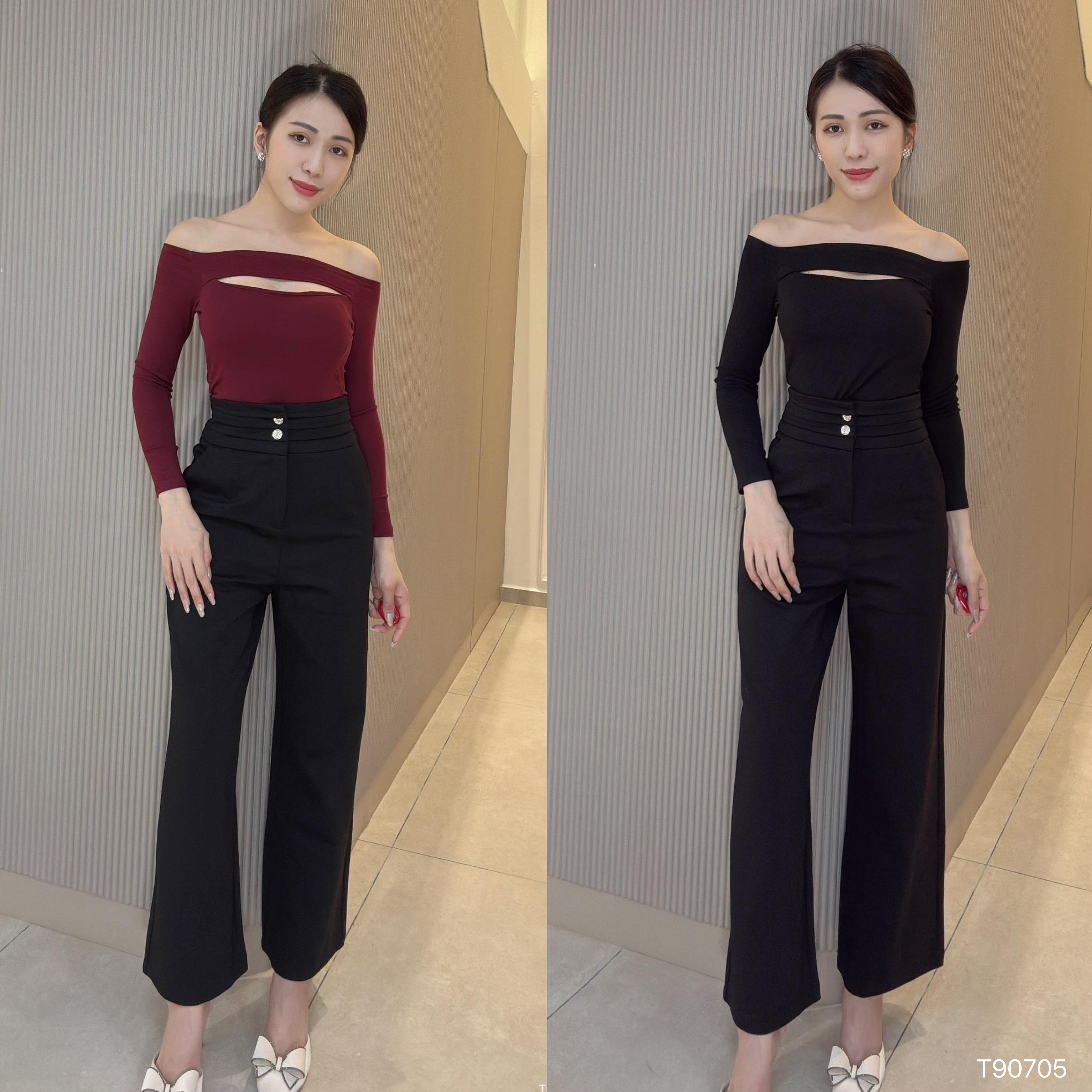 性感一字领镂空设计长袖上衣 (T90705)