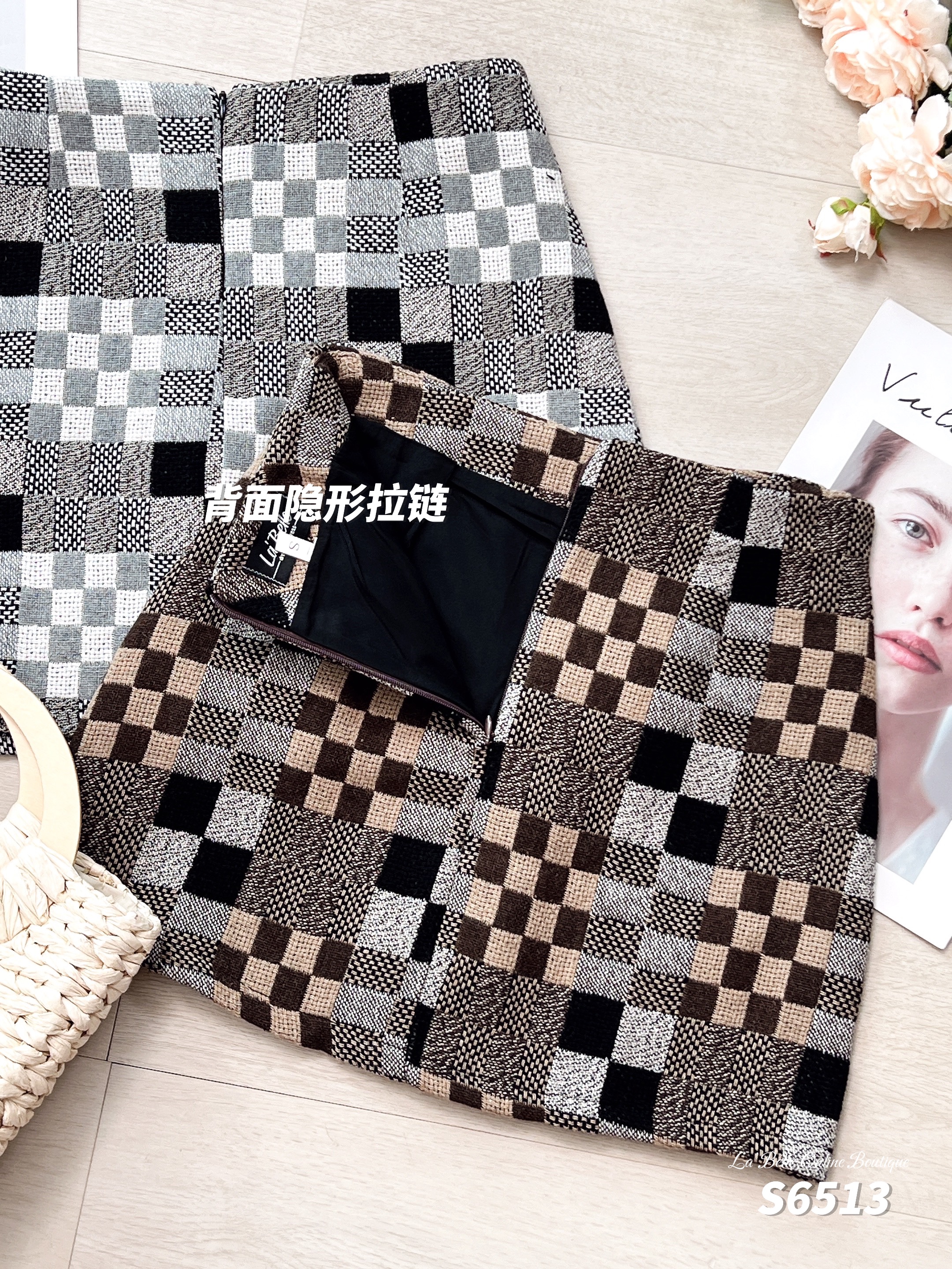 韩系棋盘格包臀设计高腰短裙 (S6513)