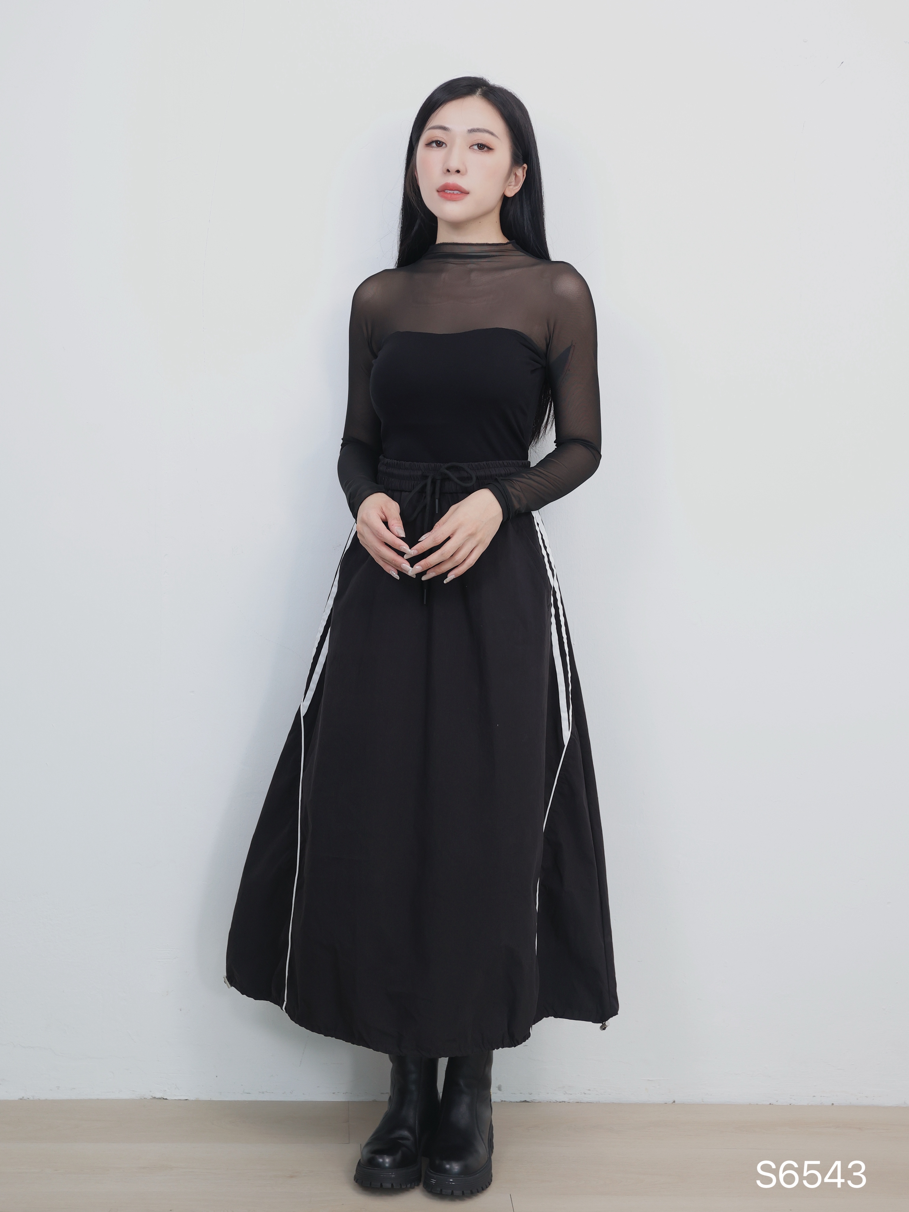 设计感A字抽绳设计高腰半身裙 (S6543)