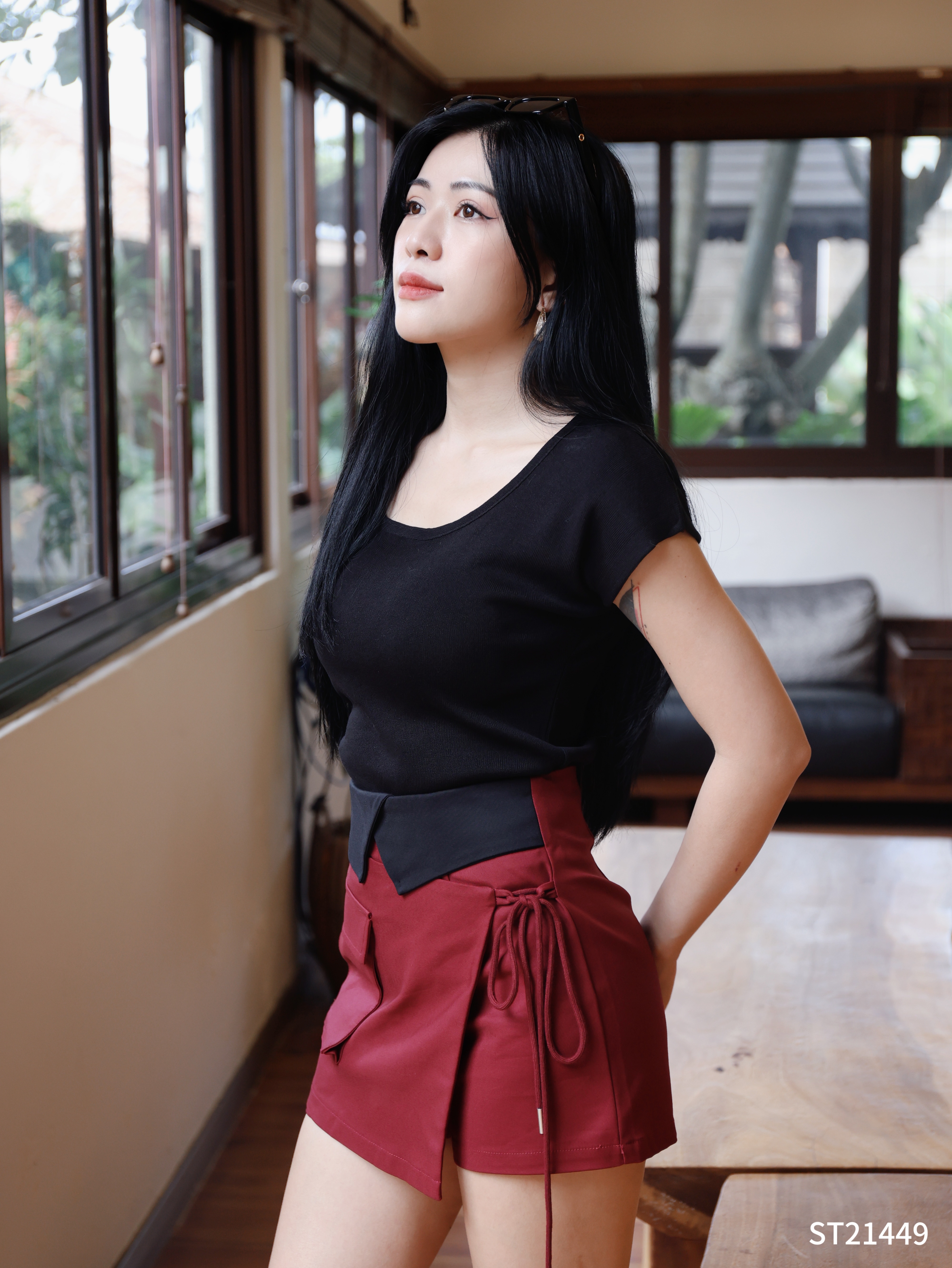 【LBP独家】百搭撞色系带设计A字高腰裤裙 (ST21449)